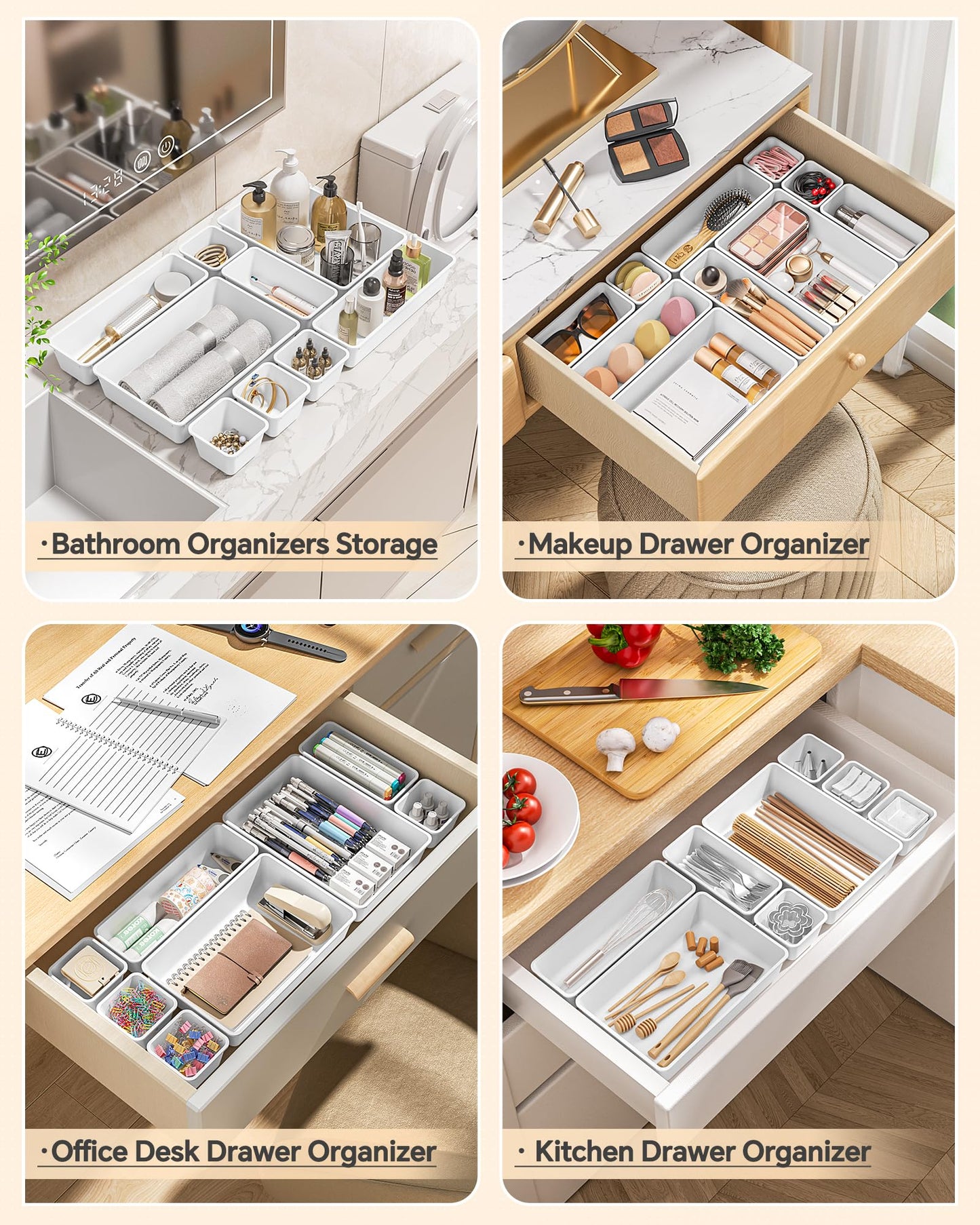 KEMETHY 25 PCS Plastic Drawer Organizers Set, 4 Sizes Vanity Organizer, Makeup and Desk Drawer