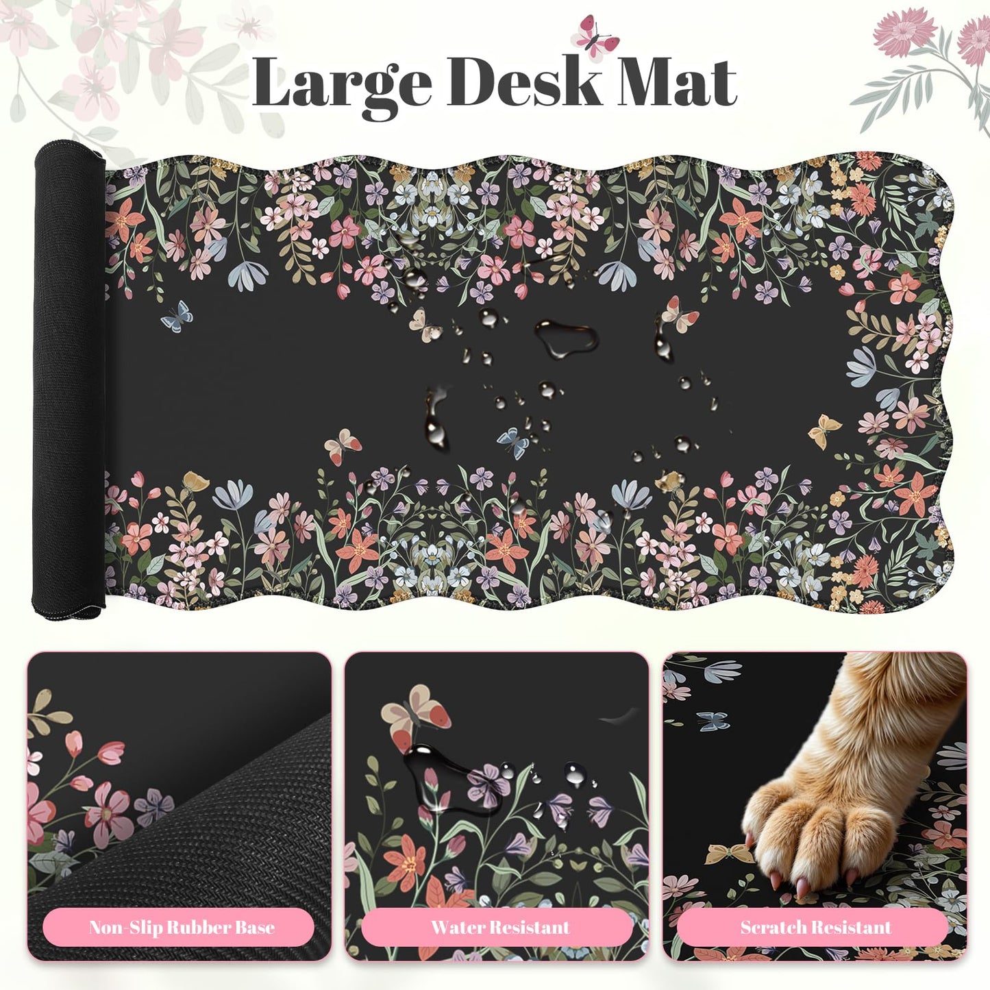iLeadon Cute Desk Mat Set, Scalloped Floral Desk Mat Keyboard Mouse Pad Set