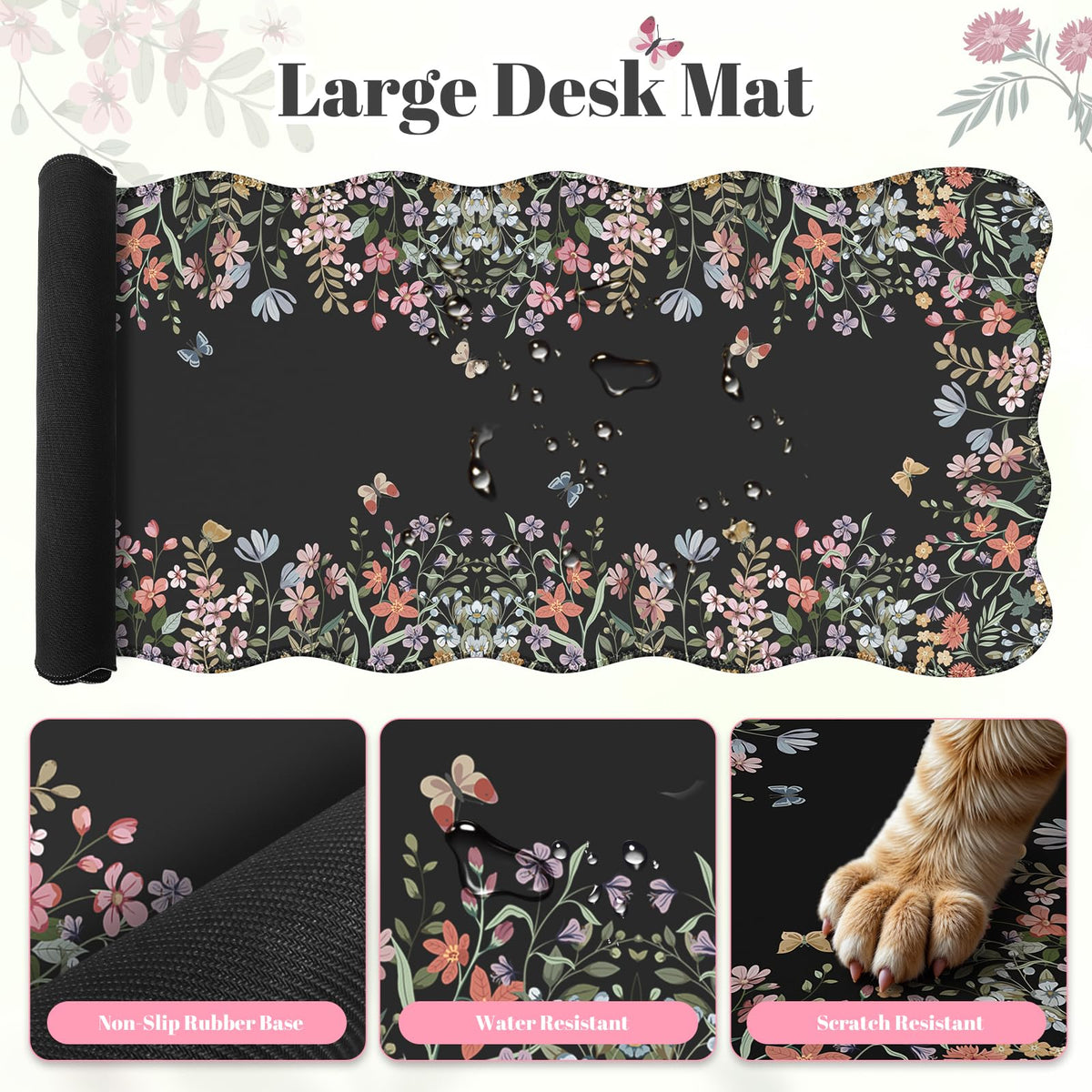 iLeadon Cute Desk Mat Set, Scalloped Floral Desk Mat Keyboard Mouse Pad Set