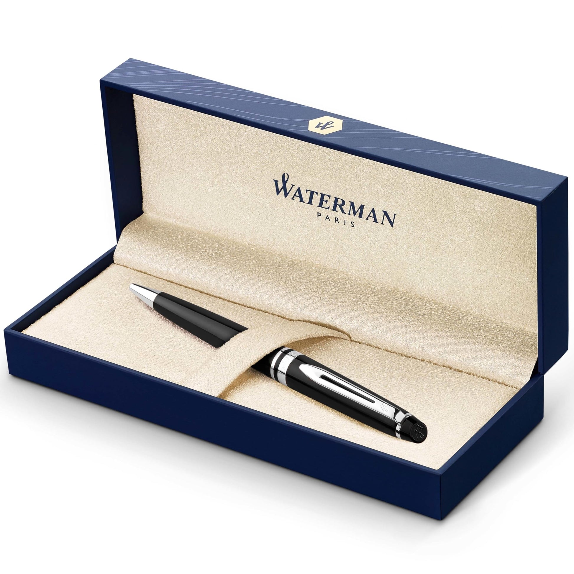 Waterman Expert Ballpoint Pen, Gloss Black with Chrome Trim, Medium Tip, Blue Ink, Luxury Pen in
