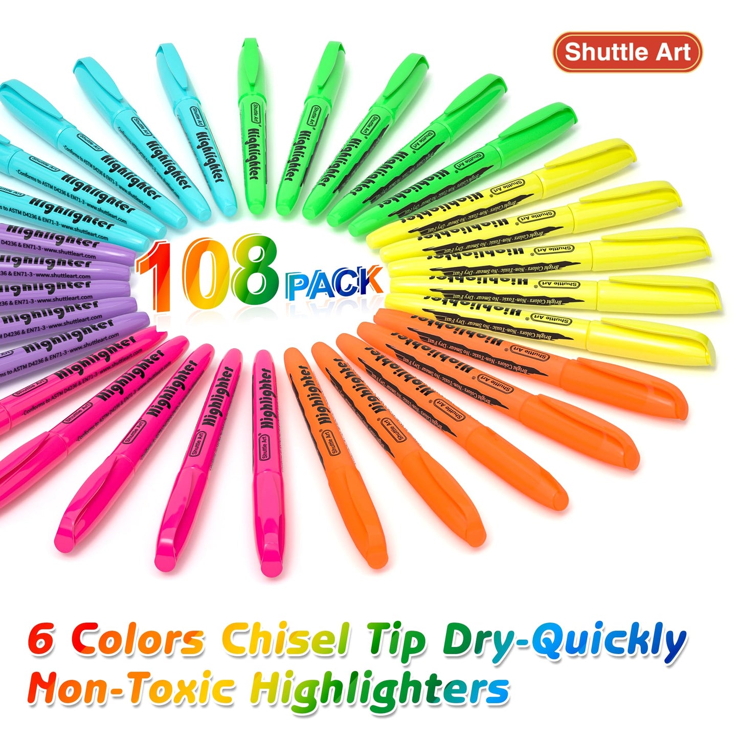 Shuttle Art 108 Pack Highlighters, Highlighters Assorted Colors Set, 6 Bright Colors Chisel Tip