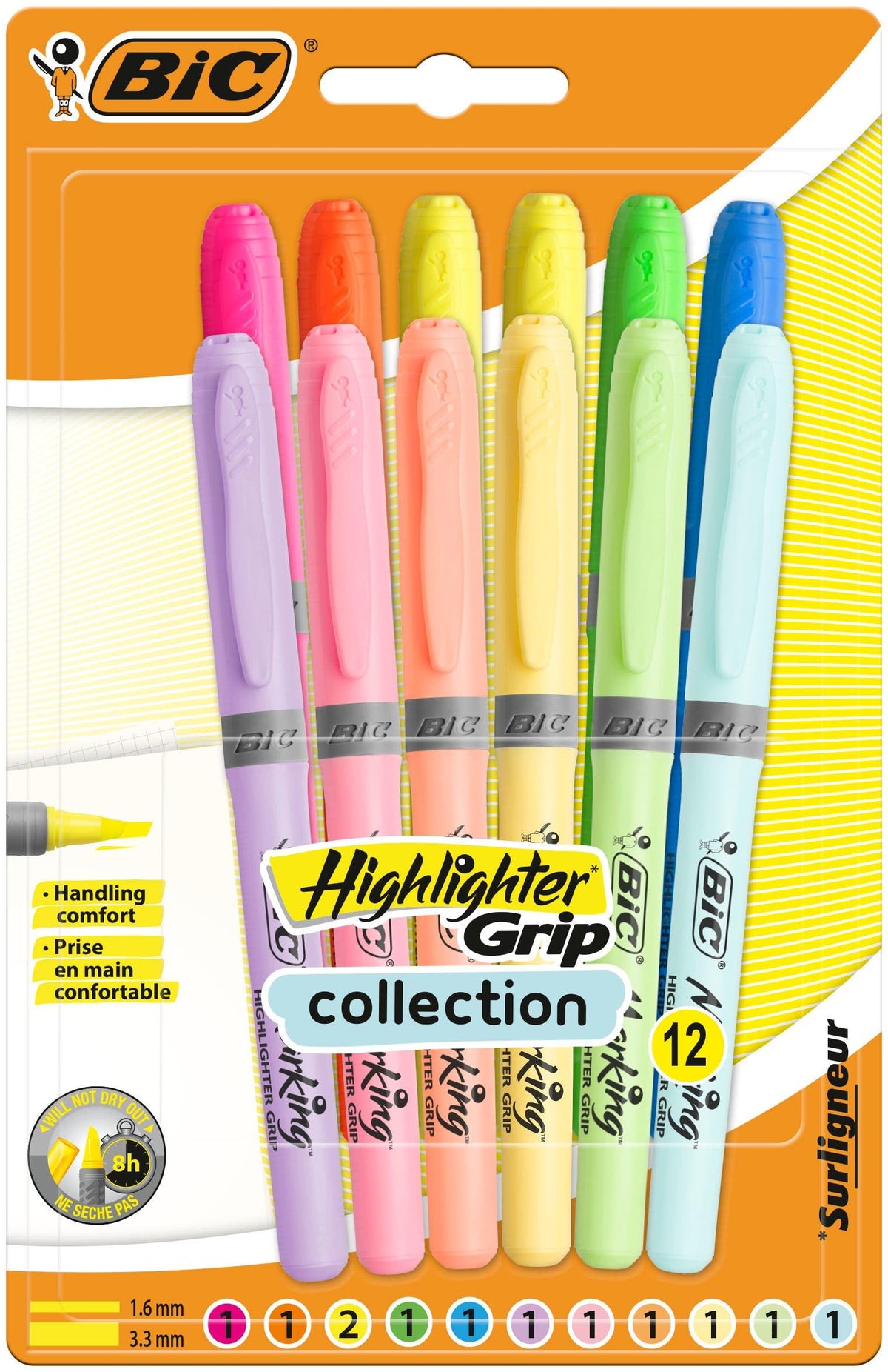 BIC Highlighter Grip, Ribbed Rubber Grip for Extra Comfort, Water-Based Ink, Assorted Intense and