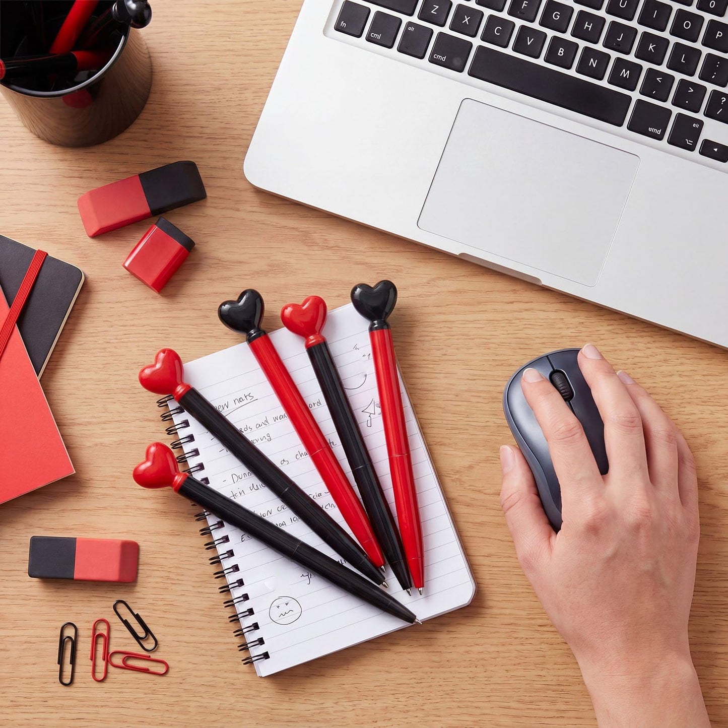 Thenshop 24 Pcs Black and Red Heart Shaped Pens Retractable Metal Cute Pens 1.0 mm Black Ink