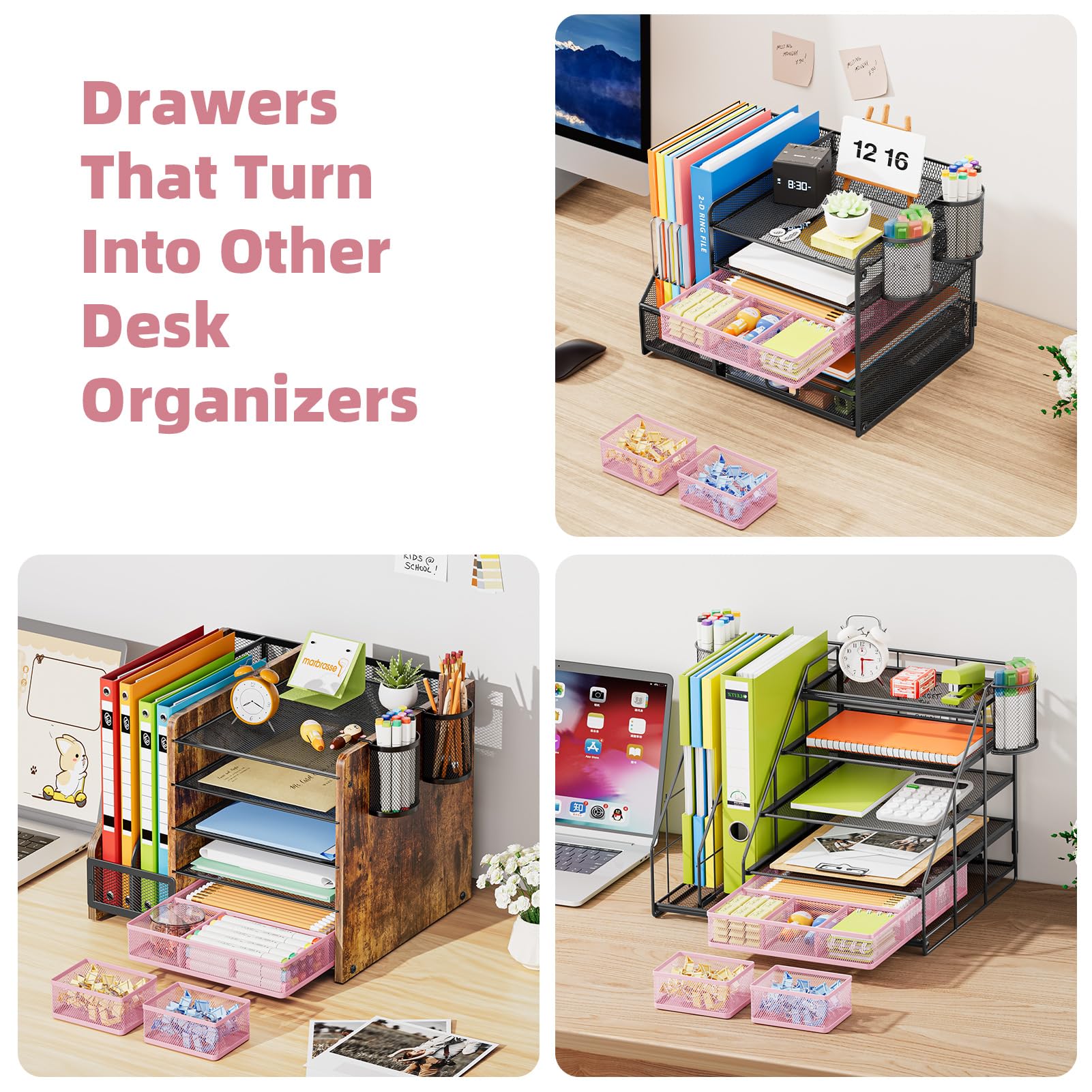 Marbrasse Mesh Desk Drawer Organizer Tray 3 Packs, Pink