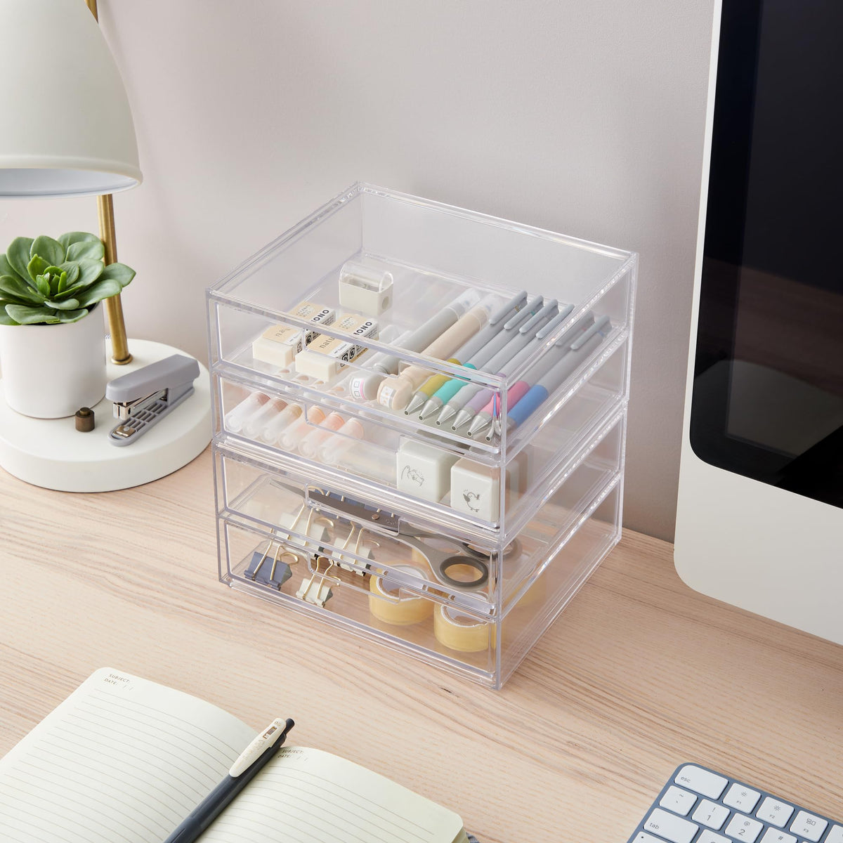 STORi Stackable Desk Drawer Organizer, Clear Pen Pencil Makeup Brush Holder for Desktops and