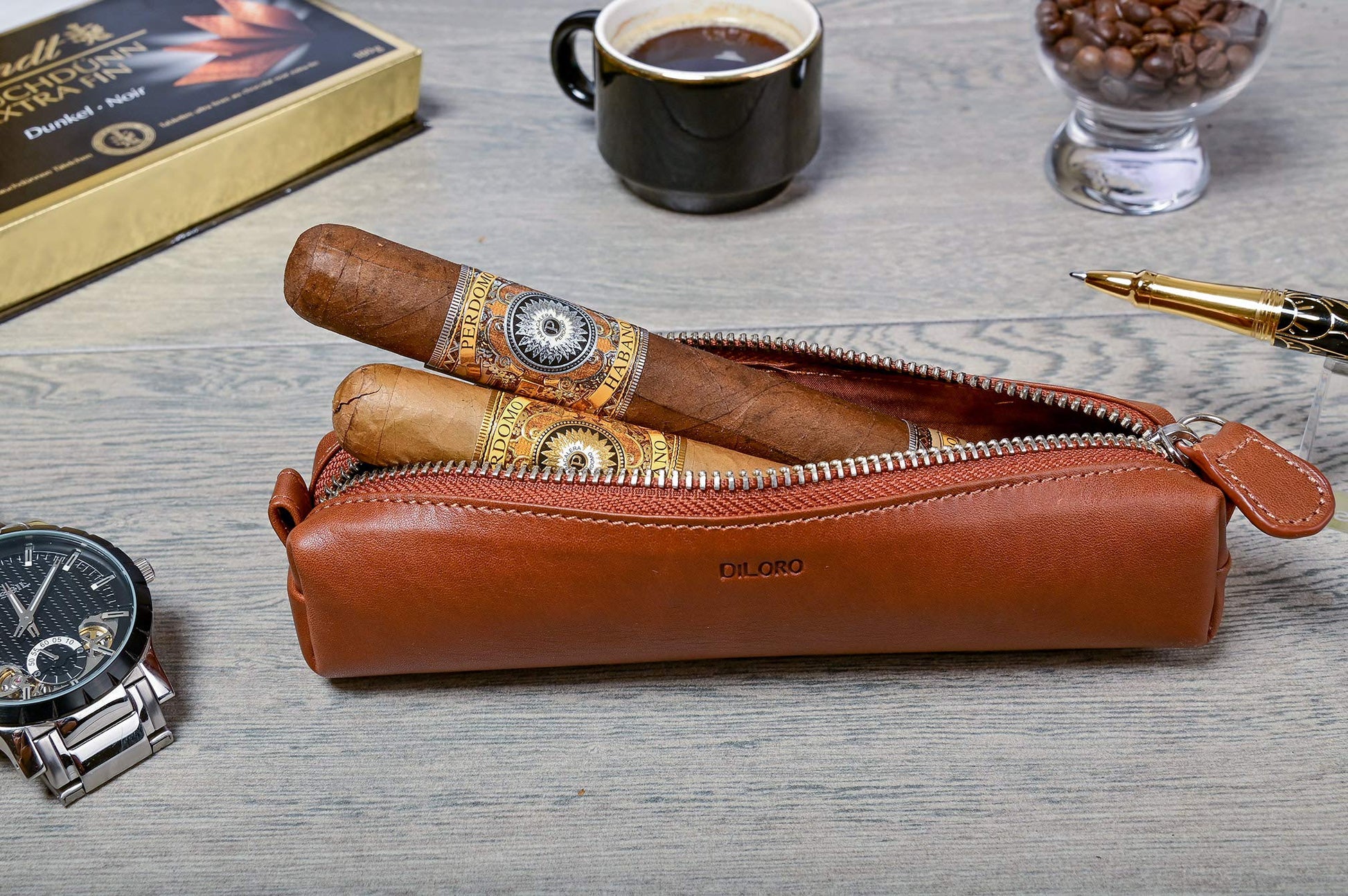 DiLoro Leather Zippered Fountain Ballpoint Rollerball Pens and Pencils Case Holder Pouch Genuine