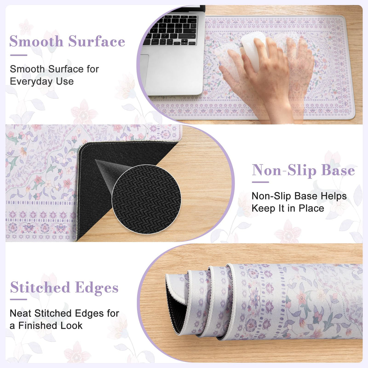 HAOCOO Purple Floral Keyboard Pad, 31.5" x 11.8" Desk Mat for Home Study