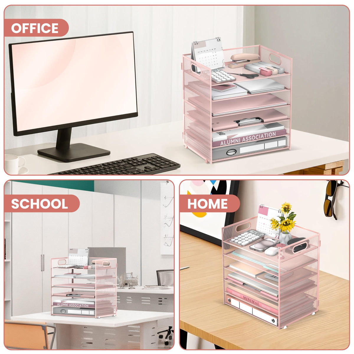 Daltack 6-Tier Paper Organizer for Desk with Handle, Pink