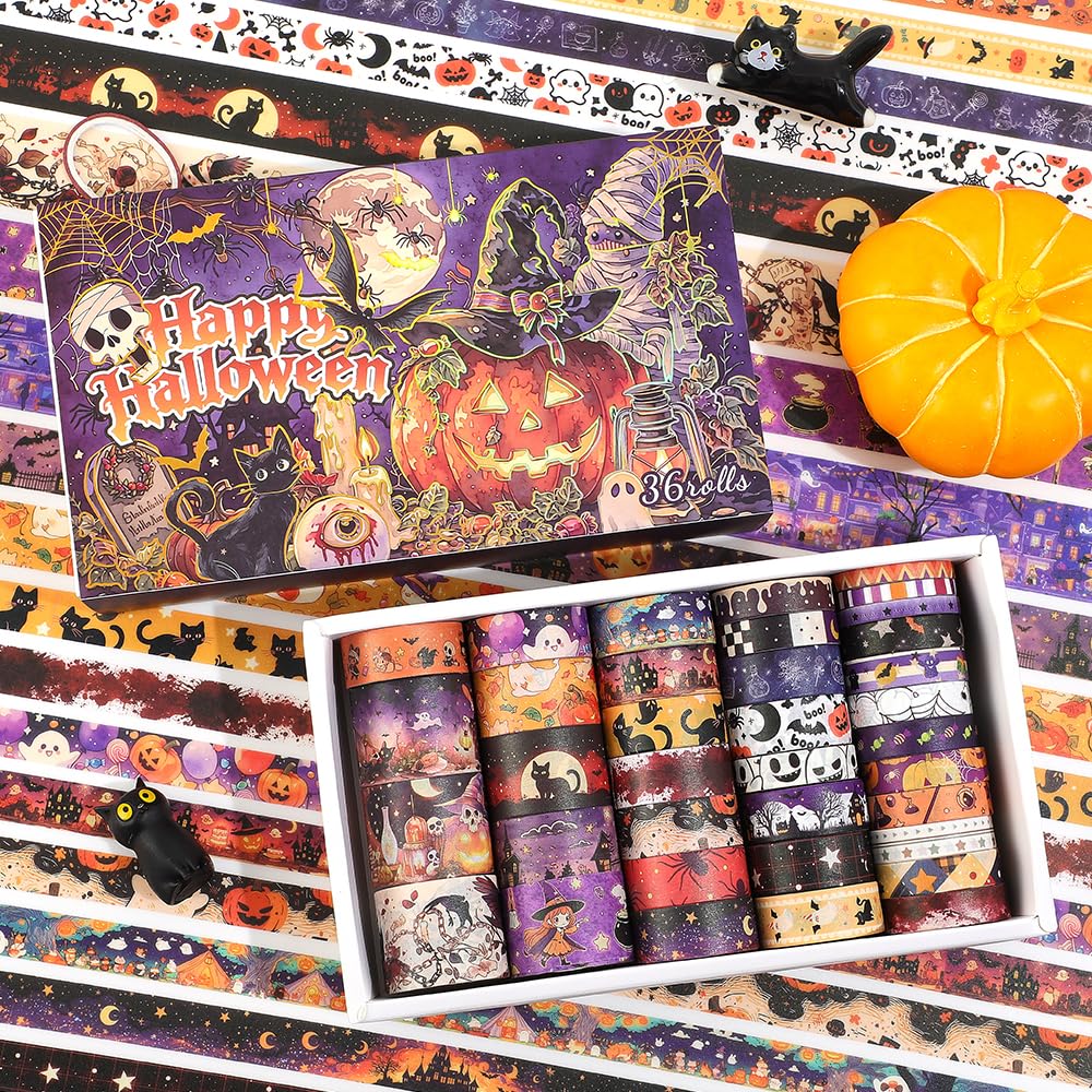 icceemee Halloween Washi Tape Set 36 Rolls, Vintage Pumpkin Ghost Bat Spider Witch Decorative