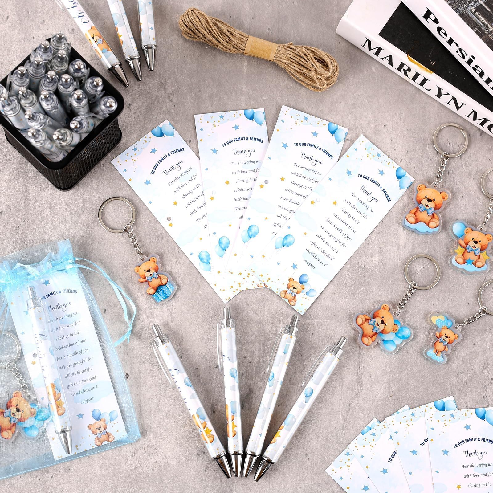 145 Pieces Baby Shower Favors for Guest Blue Teddy Bear Ballpoint Pens and Keychains Gifts for Boys