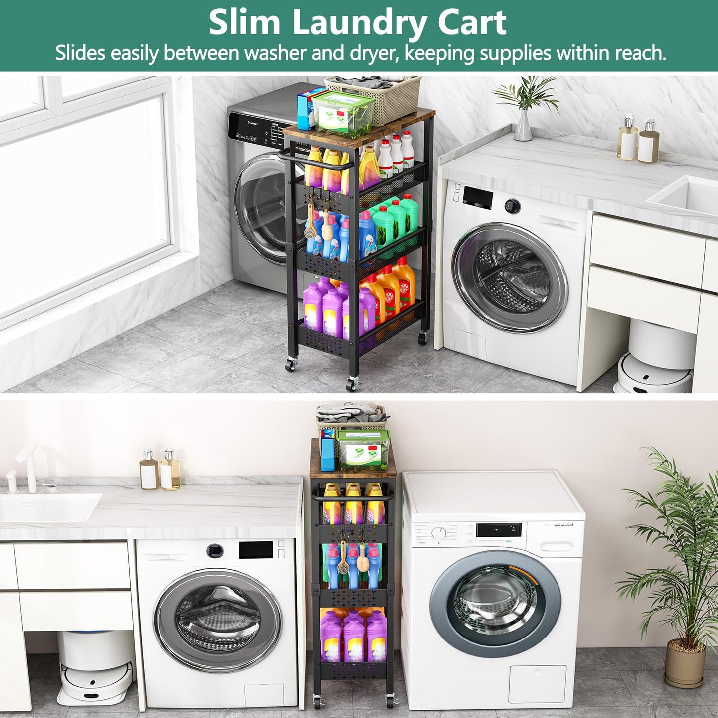 Vivihomety 4-Tier Laundry Utility Rolling Cart with Wheels, Metal