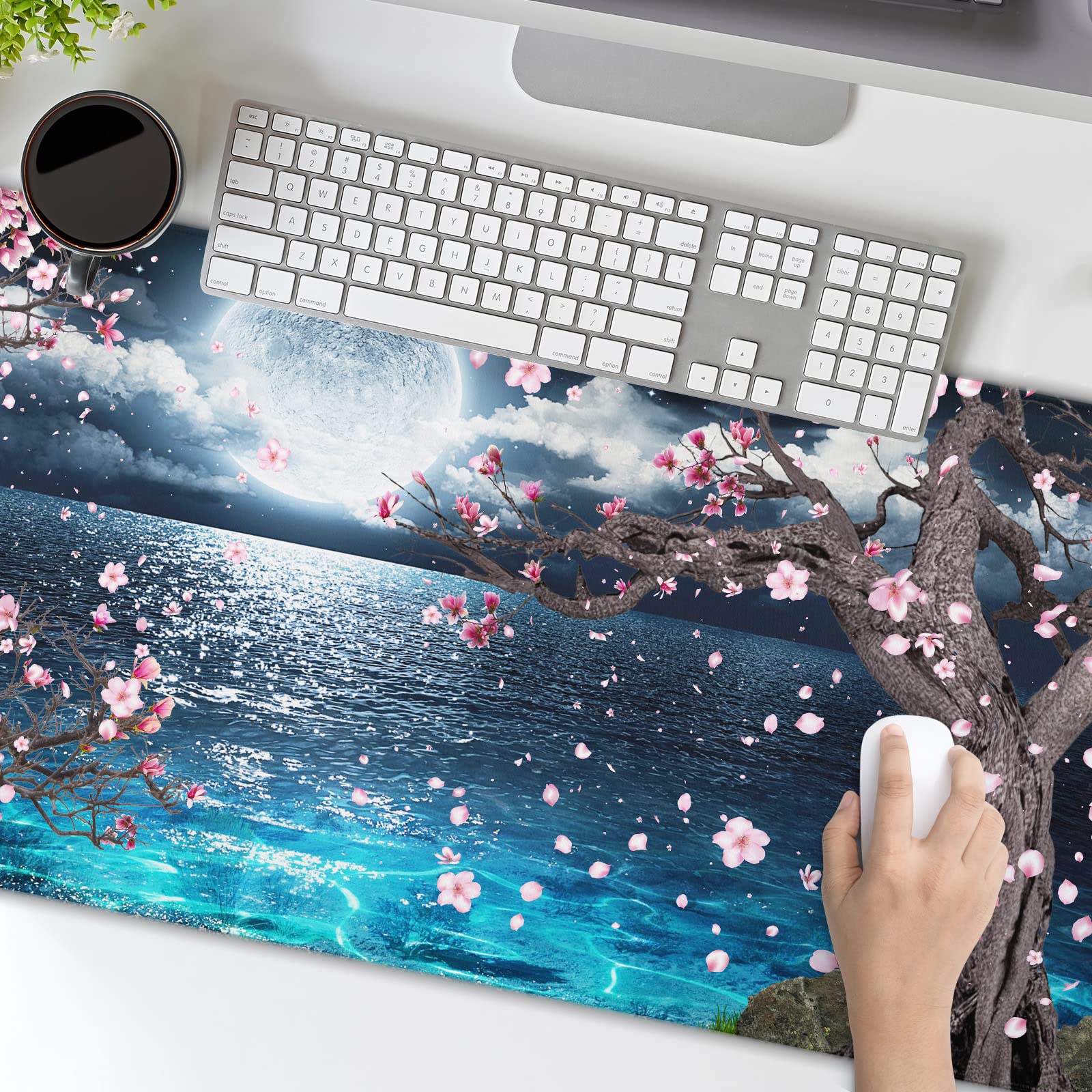 Pink Cherry Blossom Gaming Mouse Pad XXL Sakura Tree Blue Ocean Moon Night Extended Big Large Desk