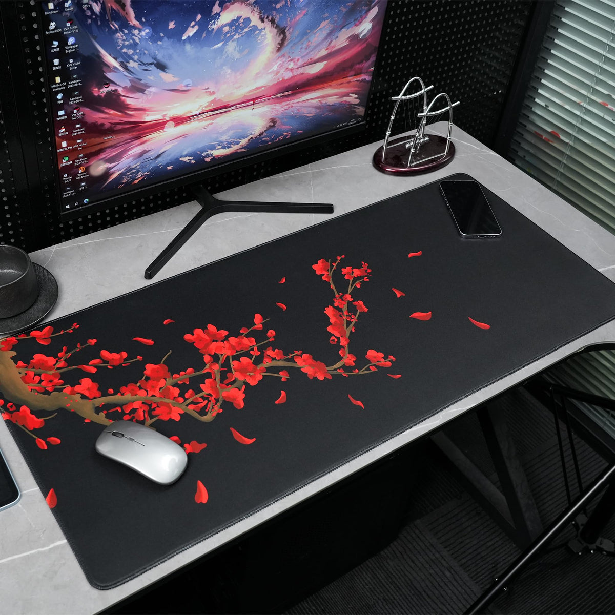 GMKWTL Large Gaming Mouse Pad for Desk, Black Plum Blossoms XXL Mouse Pad, 35.4x15.7 Inch