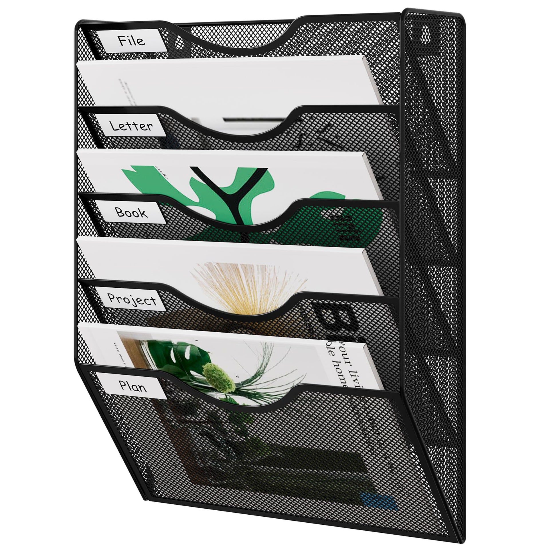 EasyPAG Wall File Organizer 5 Tier Hanging Paper Folder Holder, Zero Assembly Metal Mesh Wall