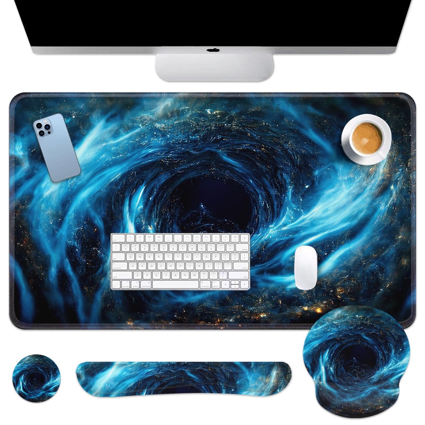 Britimes Keyboard Mouse Pad Set, 4 in 1 Desk Mat Set, Blue Black Galaxy