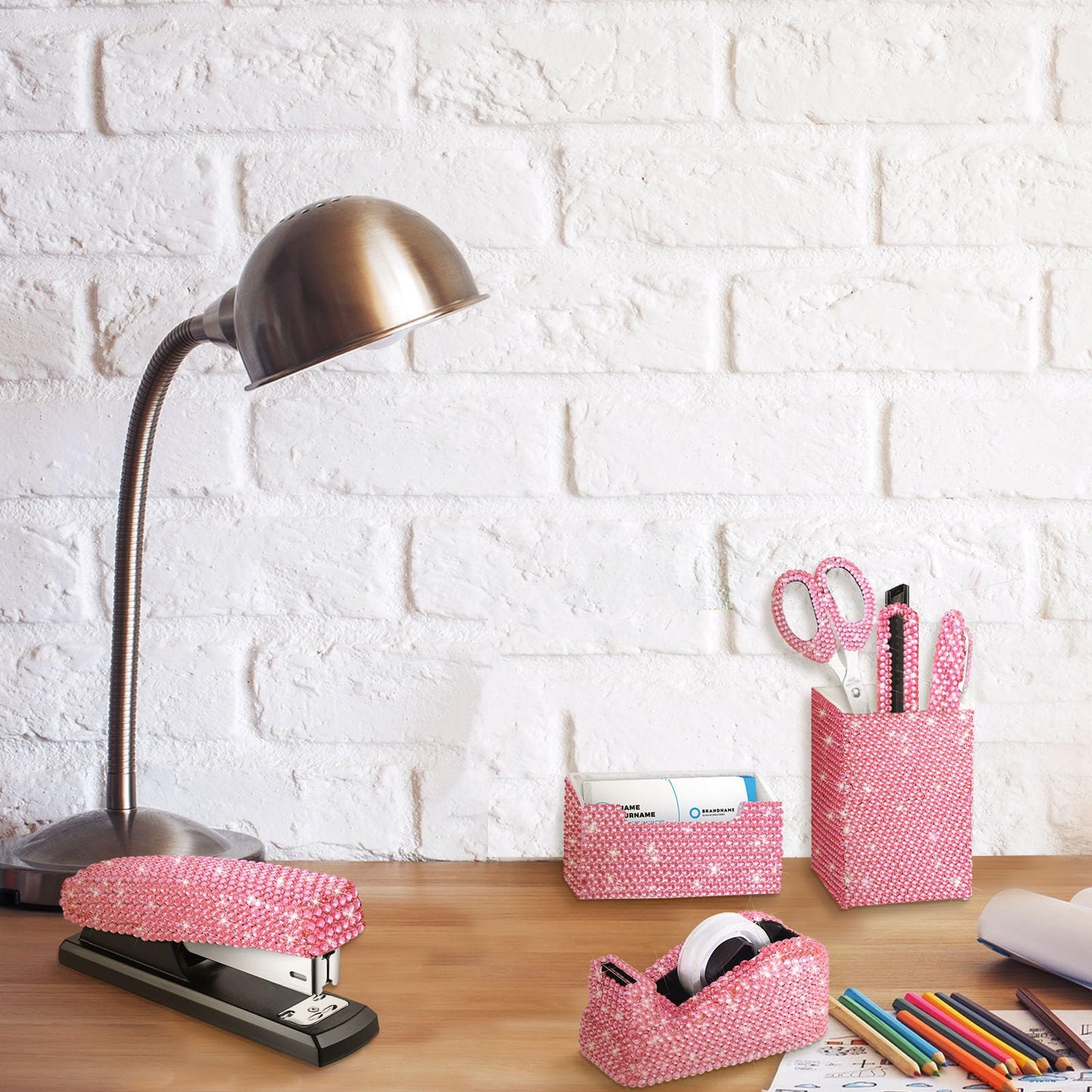 Demissle Pink 7 Pcs Bling Desk Accessories Set Office Kit for Women