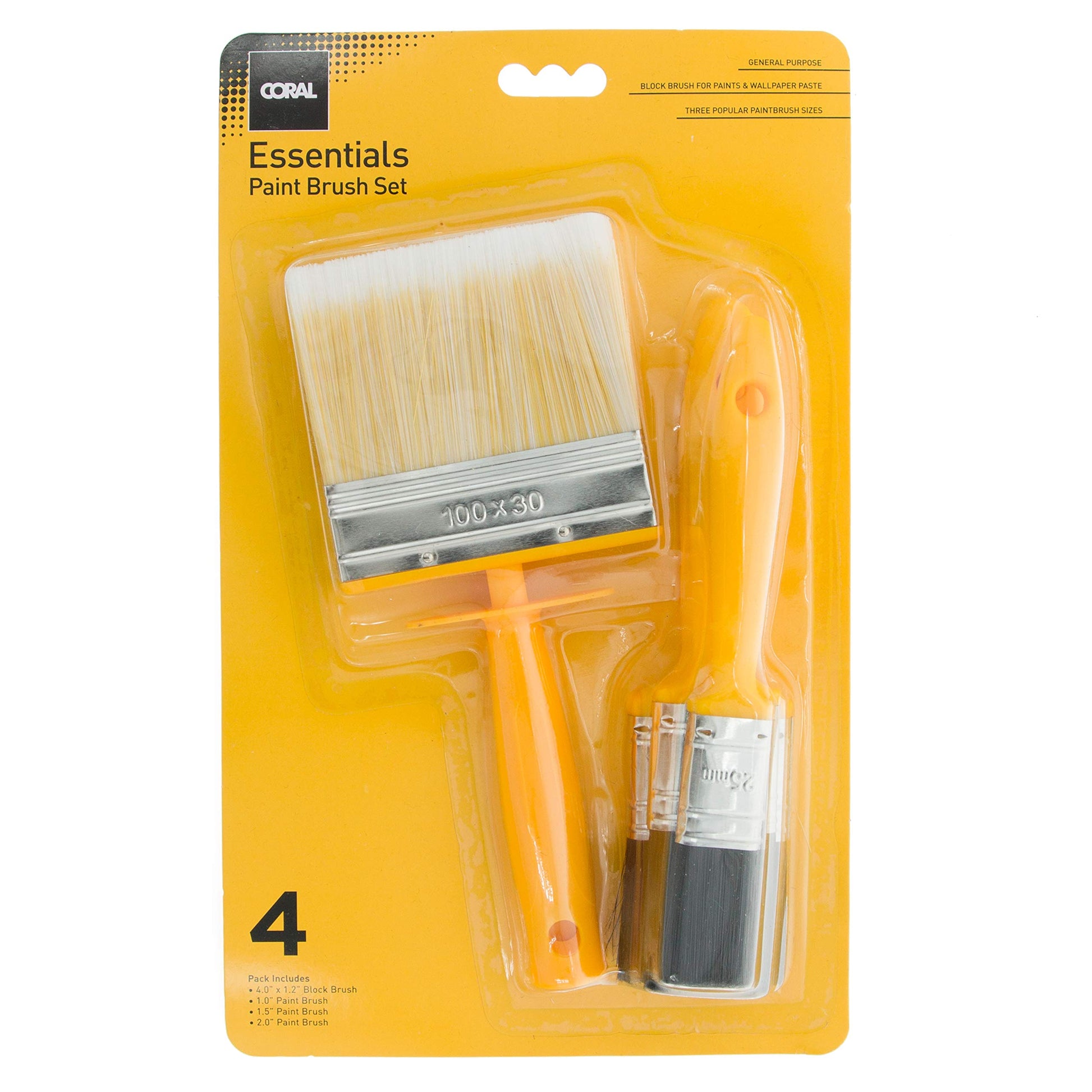 Coral 31310 Essentials Paint Brushes with a Block Brush and Flat Paintbrushes 4 piece pack set