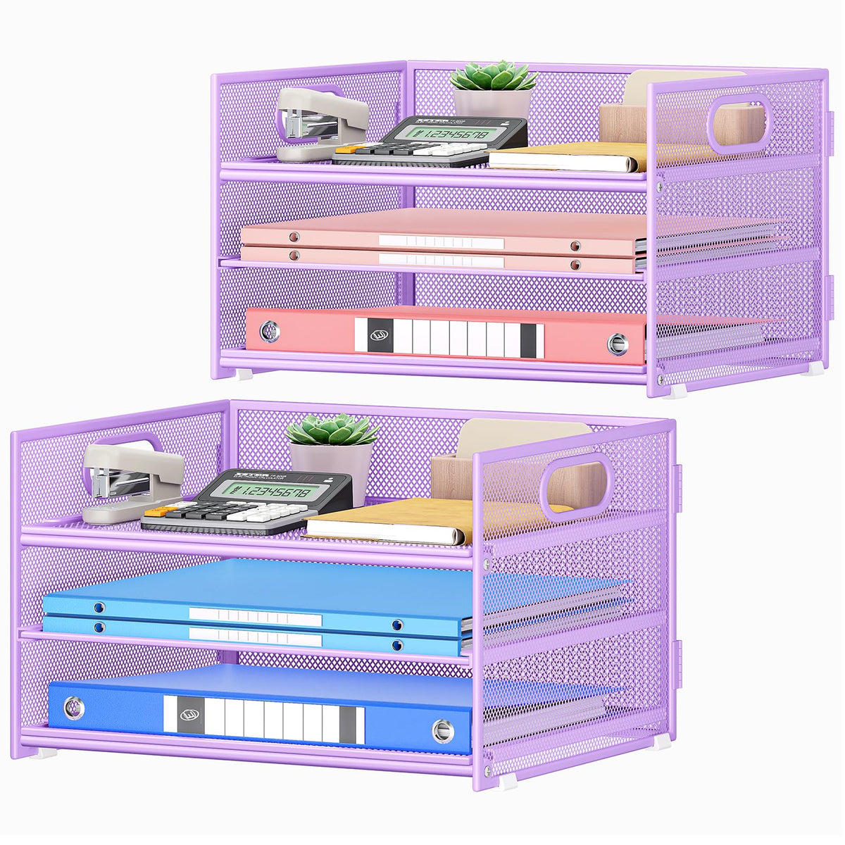 Paper Organizer with Handle,2P-3 Tier Purple Desk Organization Set