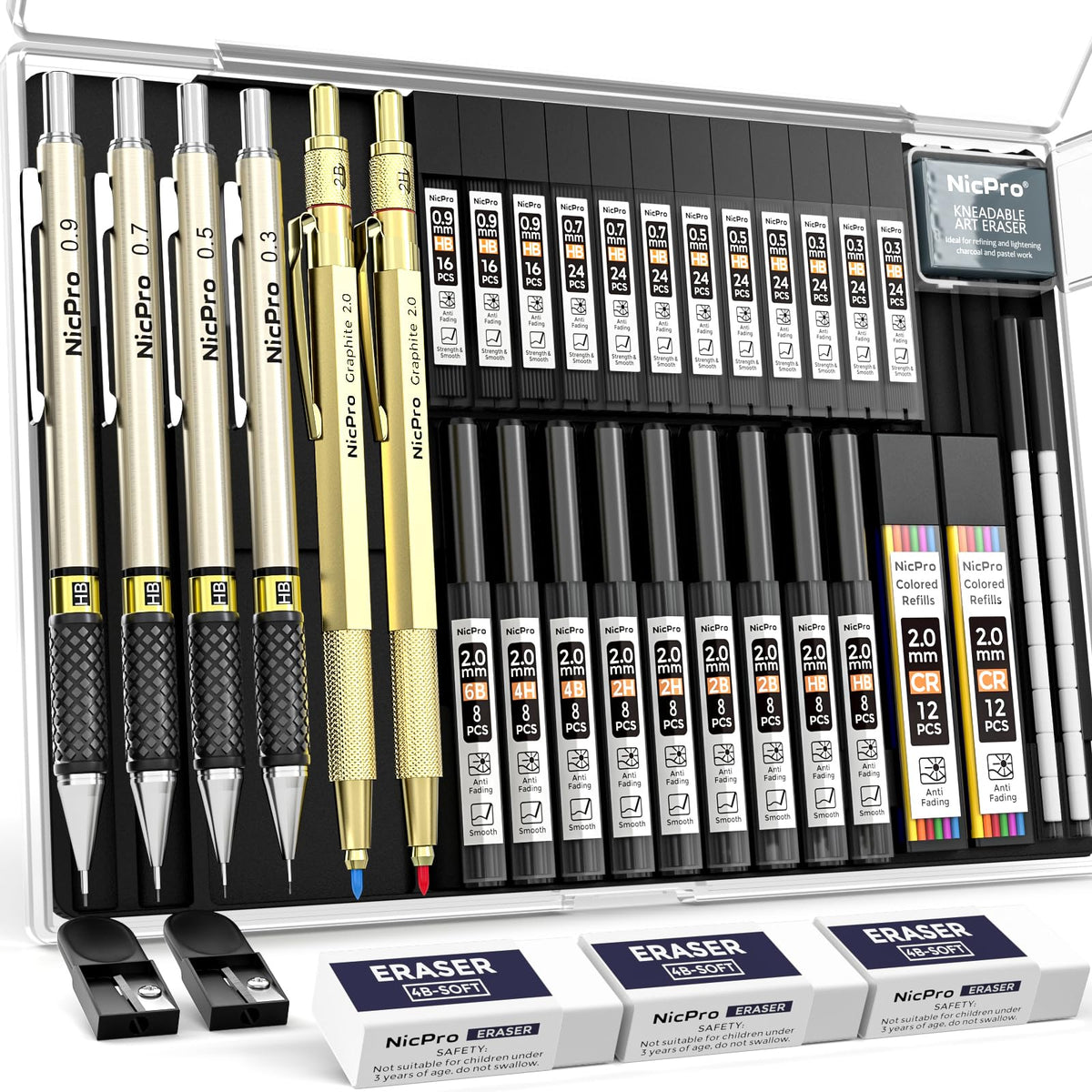 Nicpro 37PCS Gold Art Mechanical Pencil Set, 0.3/0.5/0.7/0.9/2mm Point