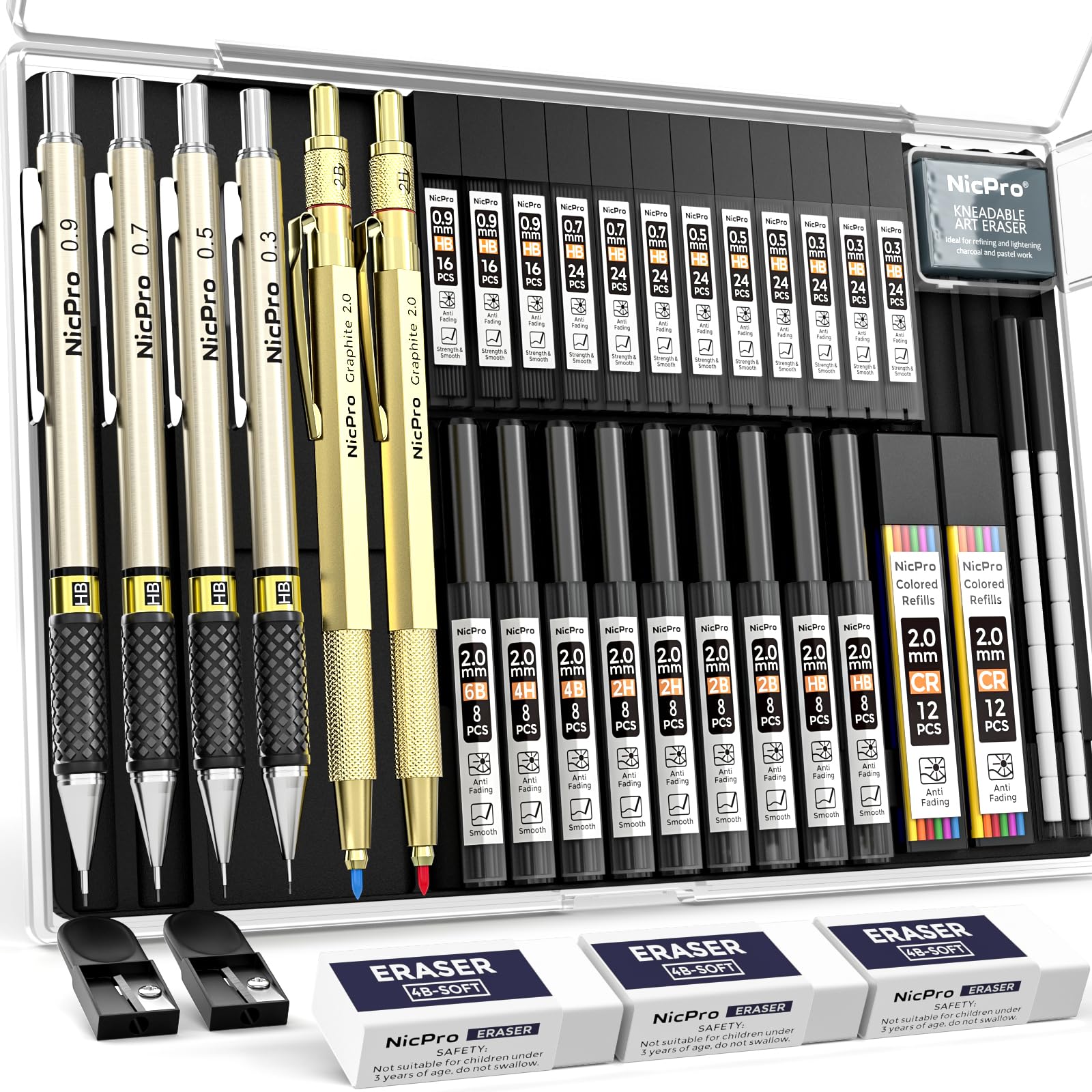 Nicpro 37PCS Gold Art Mechanical Pencil Set, 0.3/0.5/0.7/0.9/2mm Point