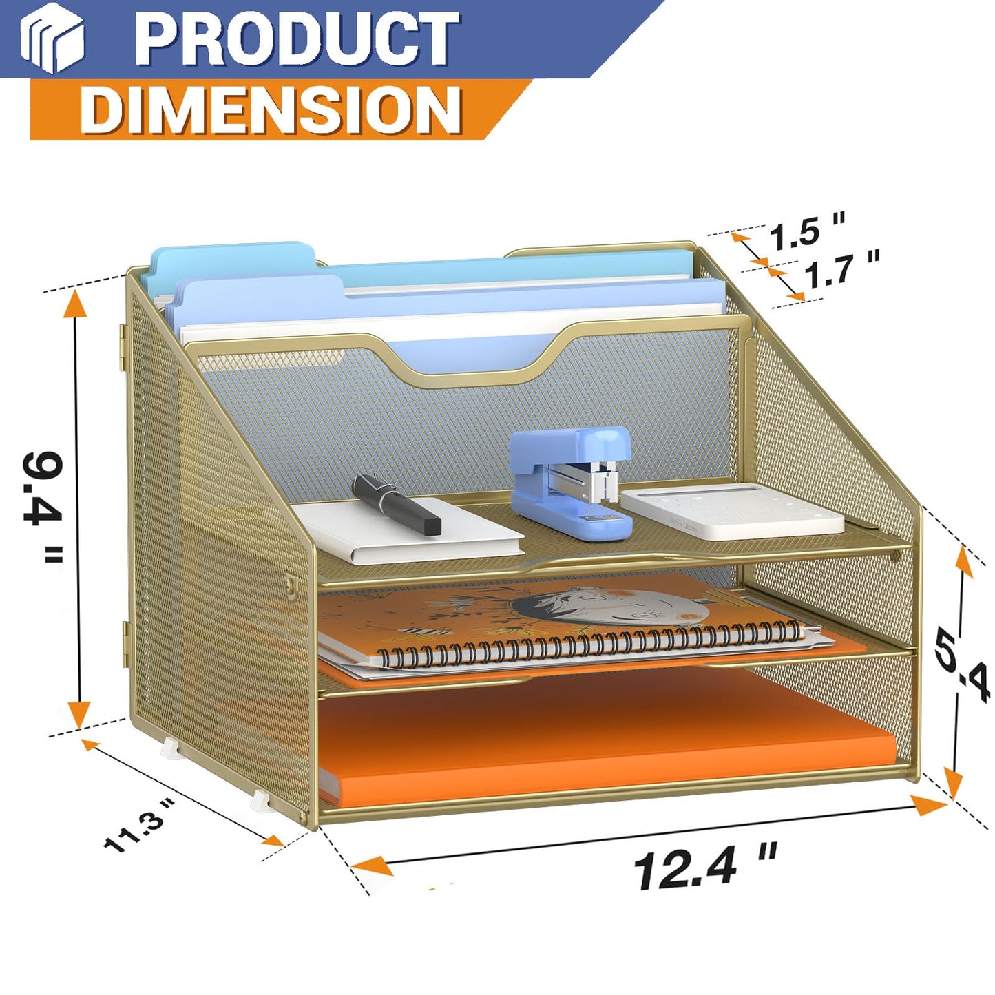 GAWERK Letter Tray Organizer, Mesh Desk File Organizer with 3 Paper Trays and 2 Vertical Upright
