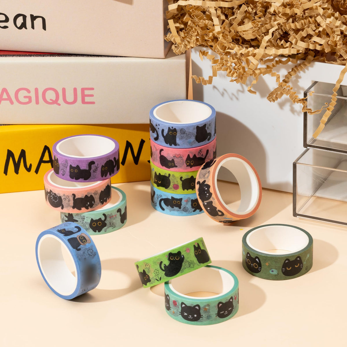 BkeeCten Black Cat Washi Tape - 24 Pcs Cute Trendy Black Cat Design Cute Eco-Friendly Masking Tape