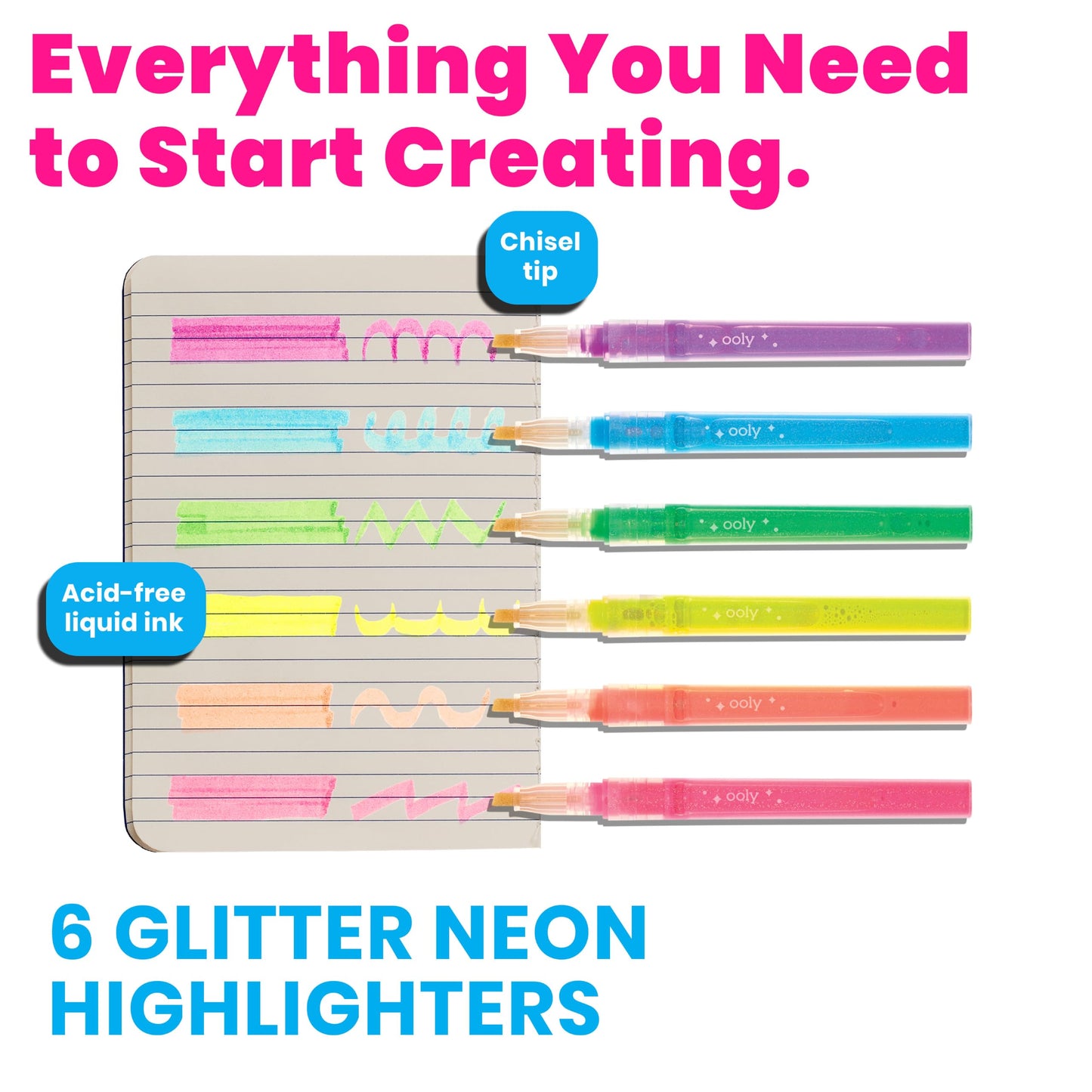 OOLY Oh My Glitter Neon Highlighters, Set of 6