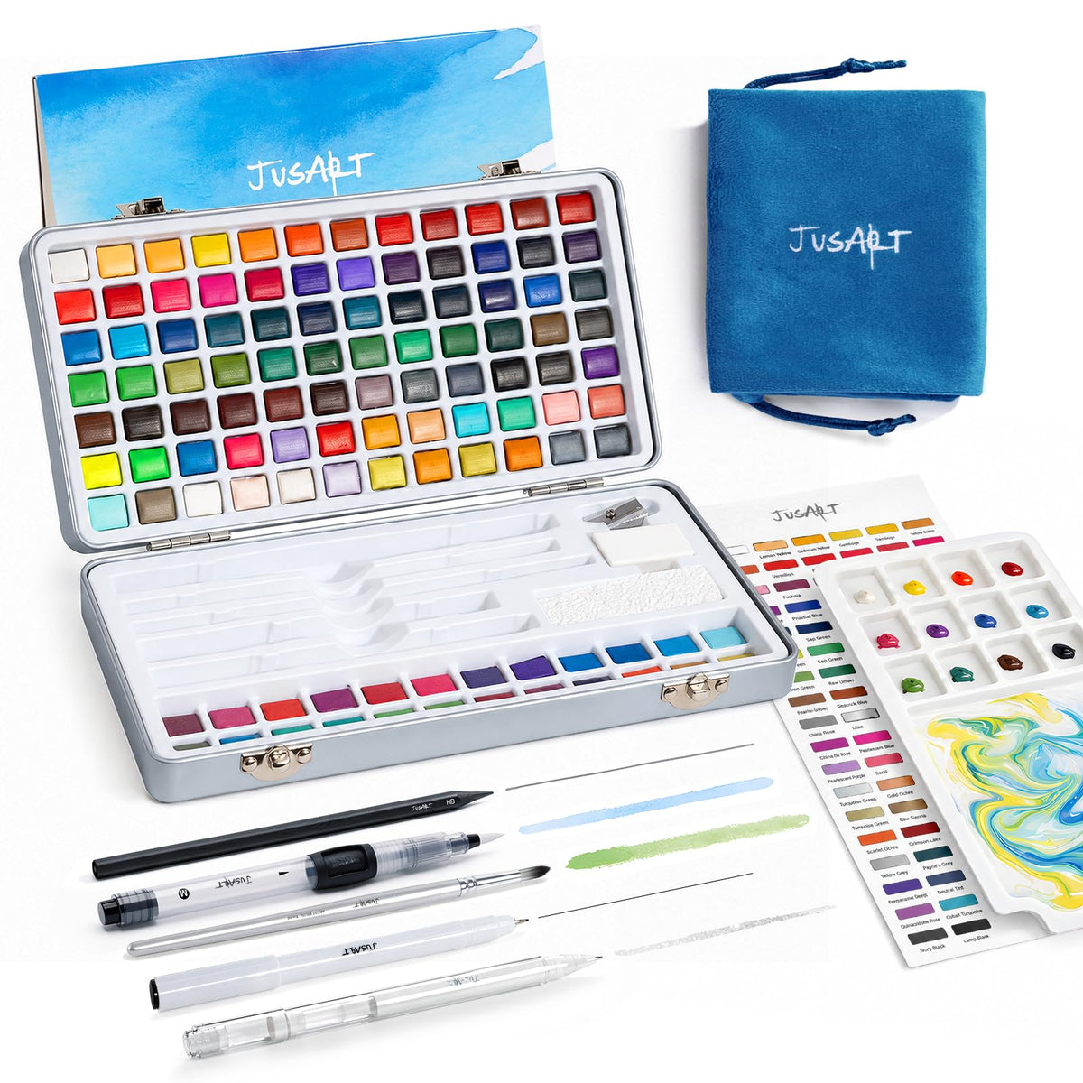 JusArt 108 Colors Watercolor Paint Set,Art Supplies with Metallic Color, Detail Painting Brushes
