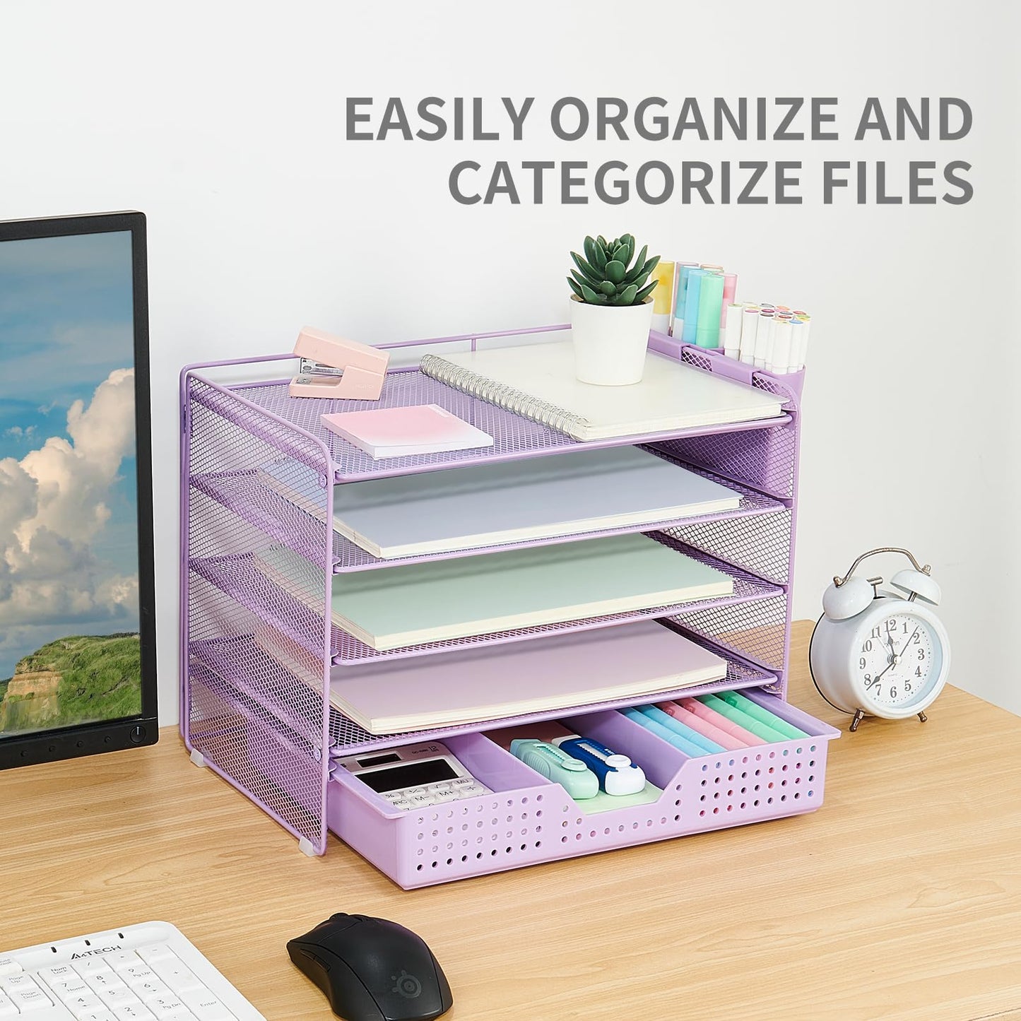 LEKETREE Desk Organizers and Accessories, 5-Tier Paper Letter Tray Organizer with Drawer & 2 Pen