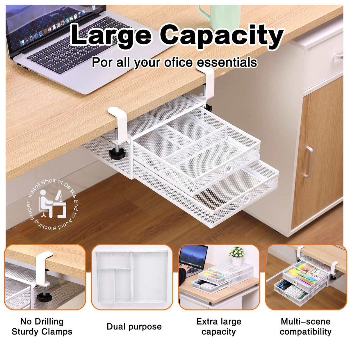 Under Desk Drawer, Clamp on Desk Organizer Slide Out Table Storage No Drill