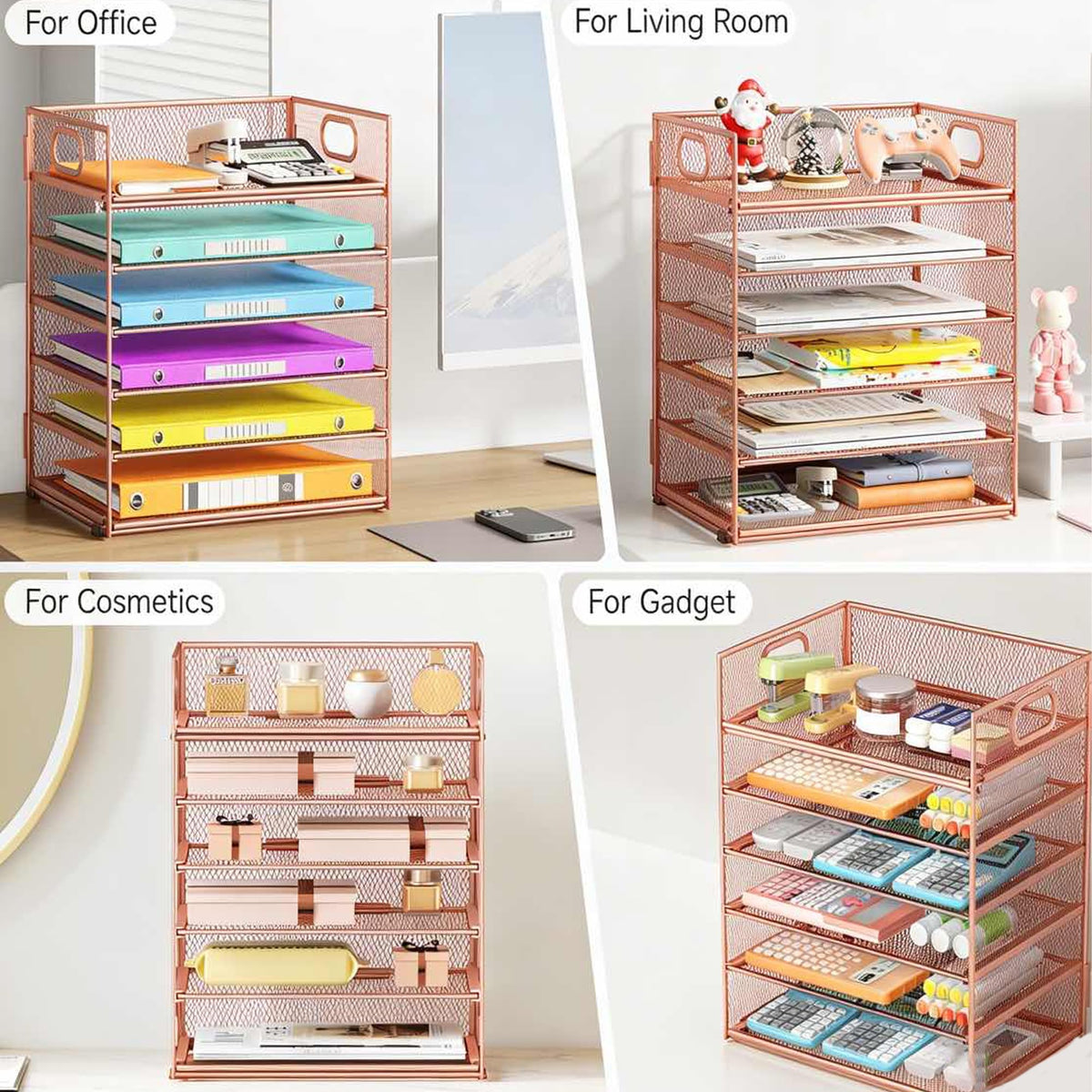 6 Tiers Letter Tray Paper Organizer with Handle, Mesh Desk File Organizer, Metal Desktop Document