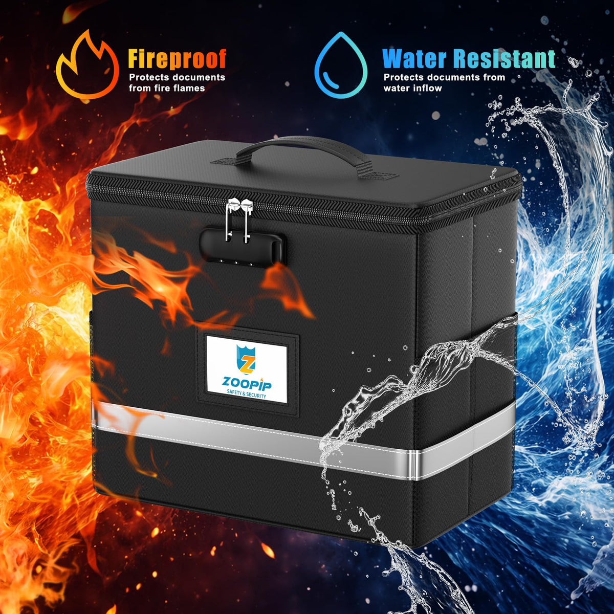 ZOOPIP Fireproof File Box with Lock, 5200℉ Document Organizer, Black