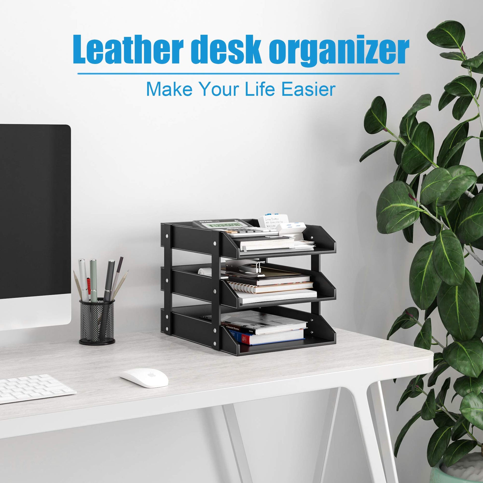 Leather Desk Organizer, Thipoten 3-Tier Stackable Letter Tray Holder for Office Supplies, Paper