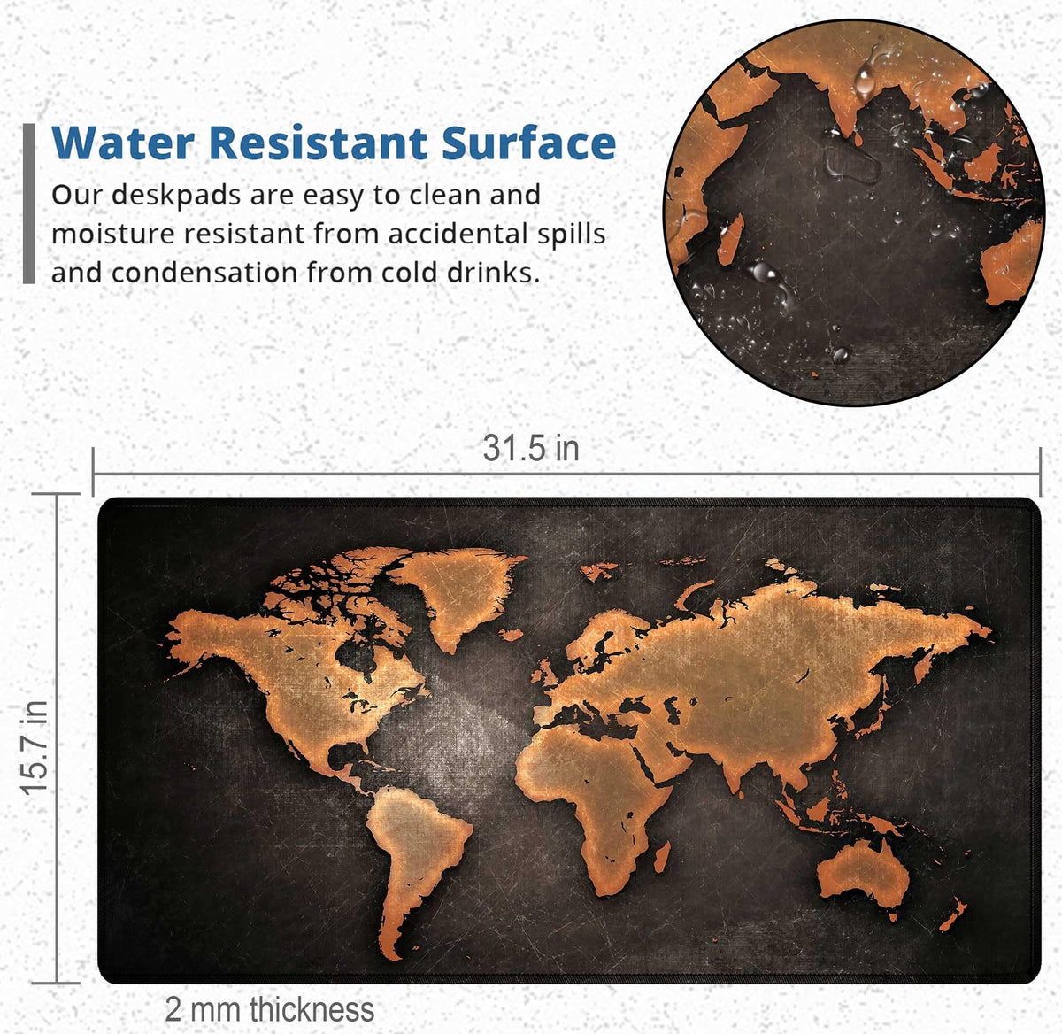 Black World Map Mouse Pads for Desk, Large Mouse Pad with Stitched Edges 31.5" × 15.7" inch.Gaming