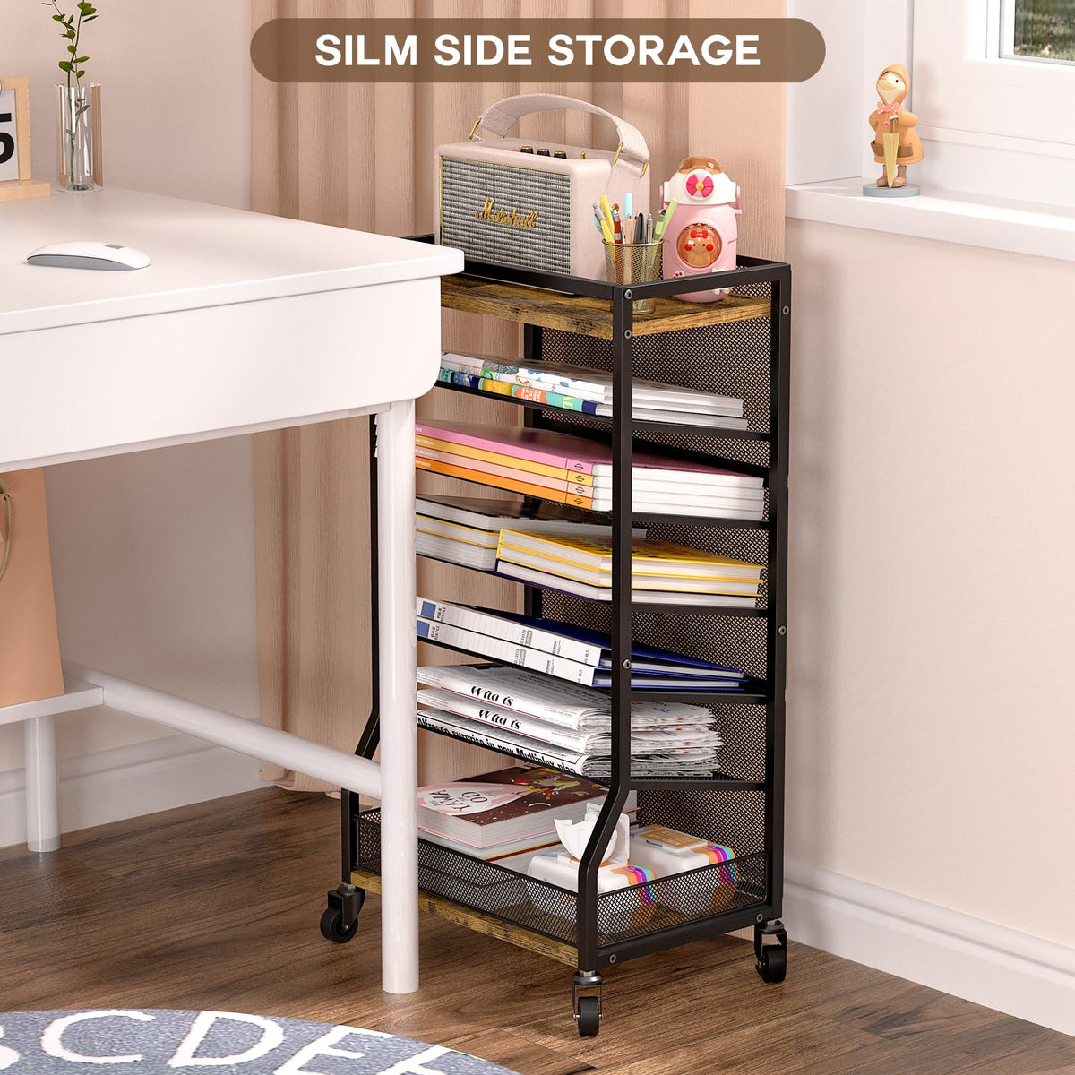 ThreeHio 7 Tier Rolling File Cart with Sliding Trays, Wood Metal File Organizer Beside Desk