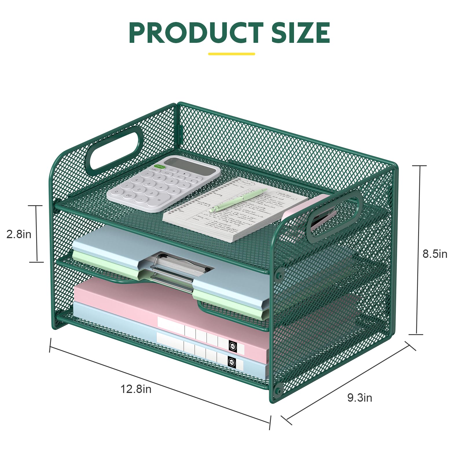 Samstar 3 Tier Green Letter Tray Paper Organizer with Handle, Mesh Desk Organizer Paper Sorter File