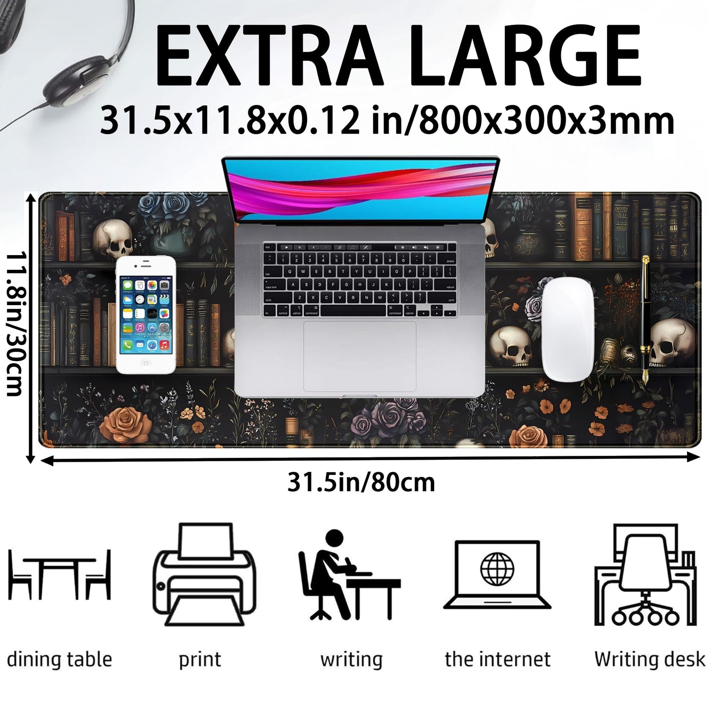 Dark Bookshelf Desk Pad Gothic Gaming Mouse Mat XL, Black Large Computer Keyboard Mat Mystery