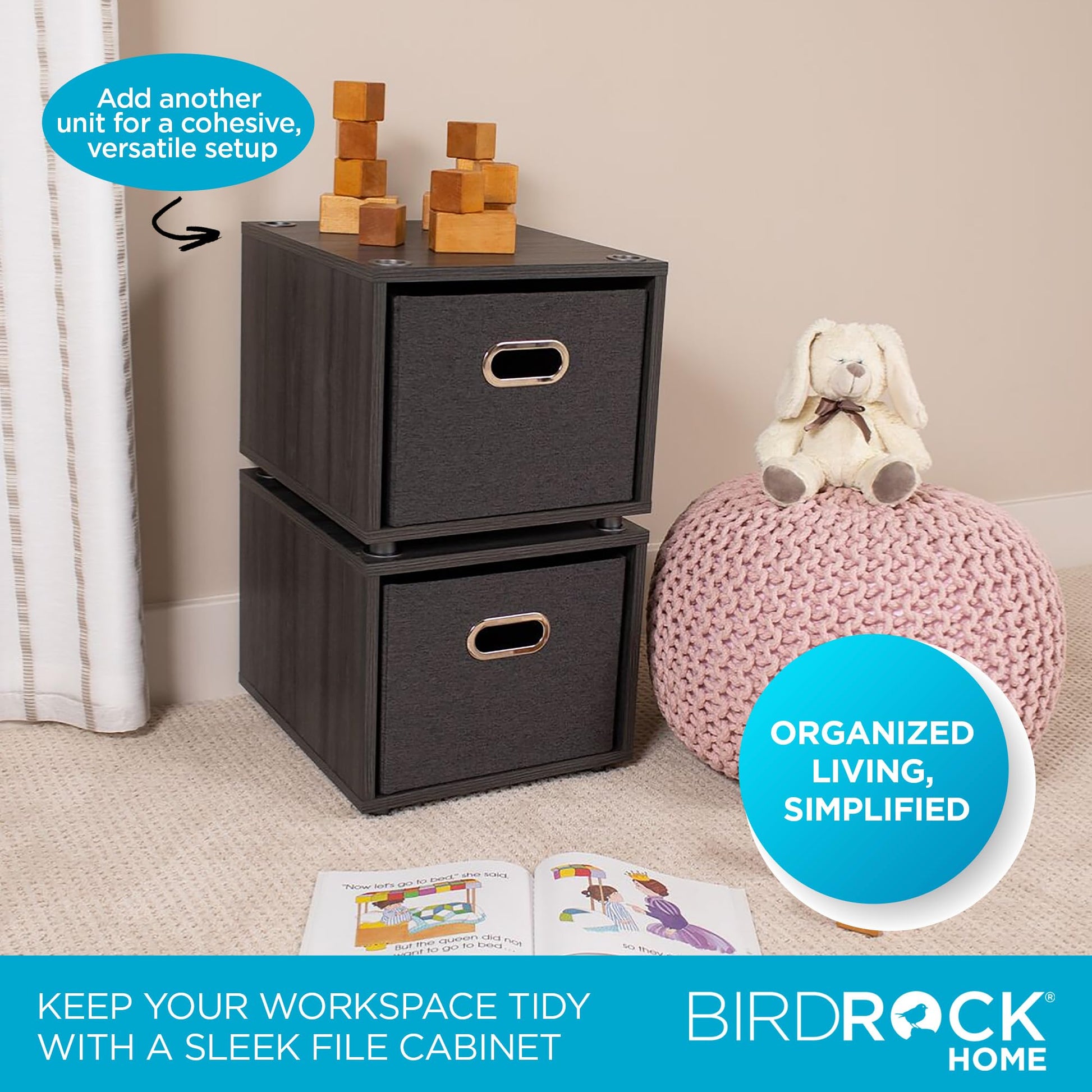 BIRDROCK HOME Rolling File Cabinet – Decorative Storage Shelf w/Removable Bins, Handles, and Wheels