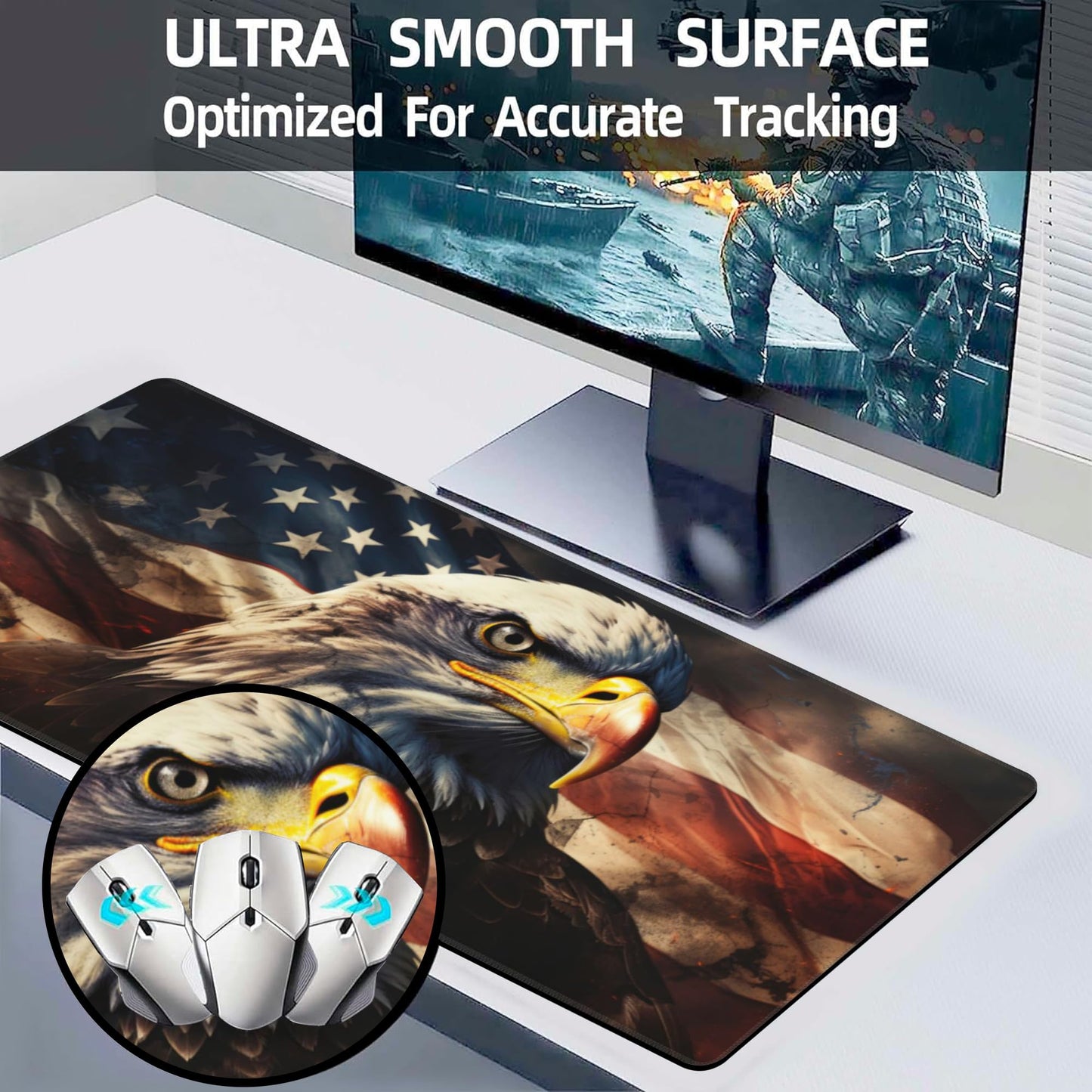 Desk Mat,American Bald Eagle Large Gaming Mouse Pad XL,USA Flag Eagle Desk Pad,Extended Big