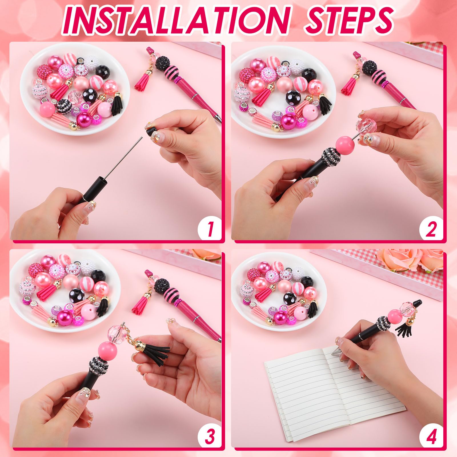 Tinlade 12 Beadable Pens Bulk with 50 Beads Multicolor DIY, Cute Style