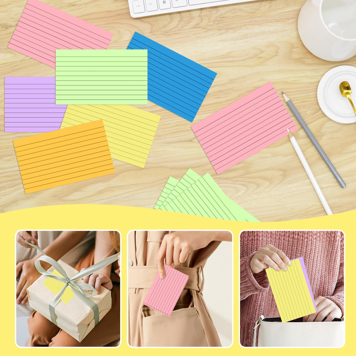Tecmisse 1800 Colored Index Cards 3x5 Ruled, Heavy Note Cards Bulk