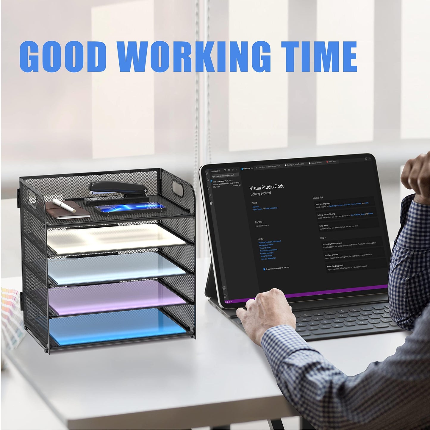Supeasy 2 Pack 5-Tier Desk Organizer with Handle Mesh Desk File/Paper Organizer Letter Tray for