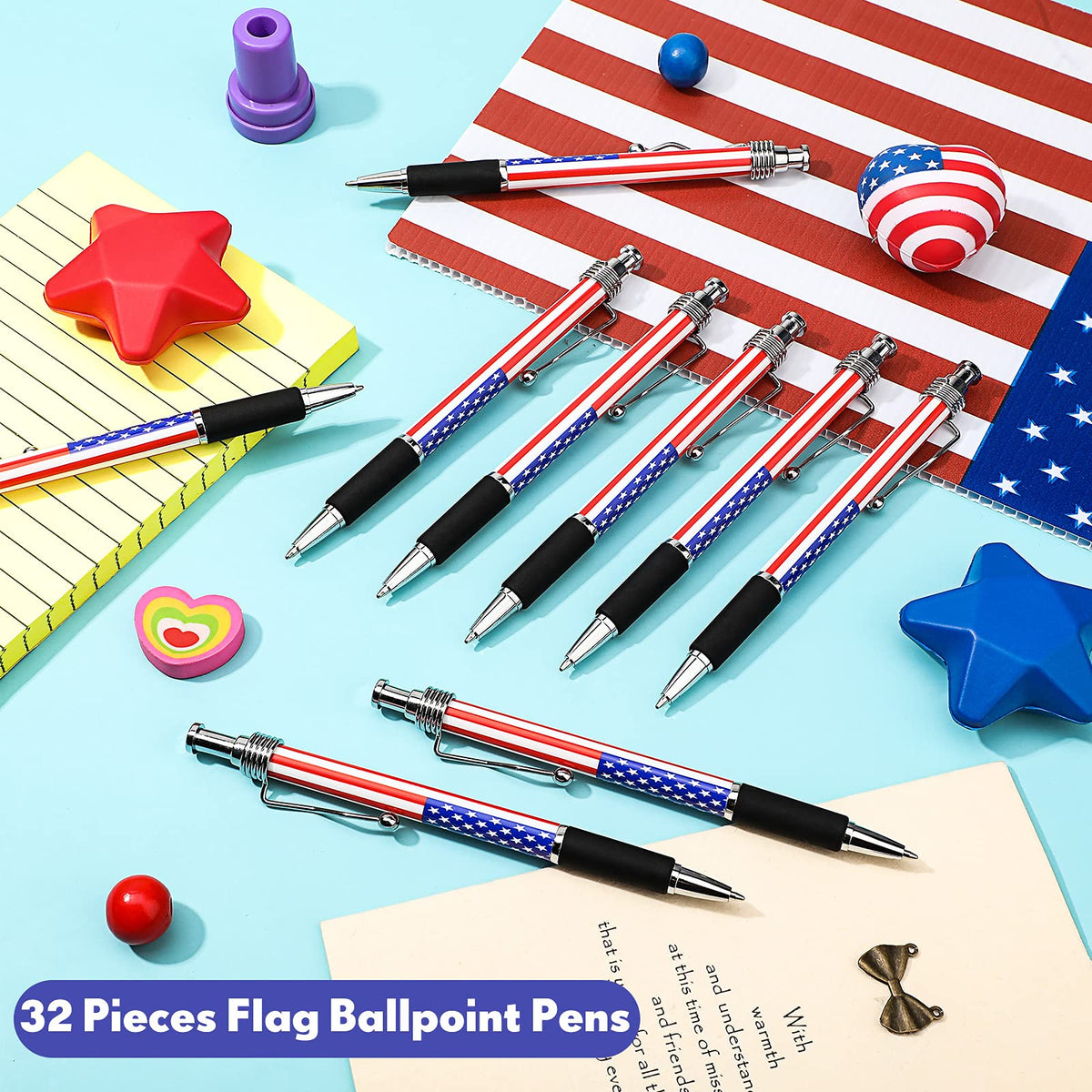 Tenare 32 Pcs American Flag Ballpoint Pen USA Patriotic Themed 1.0 mm Independence Day 250th