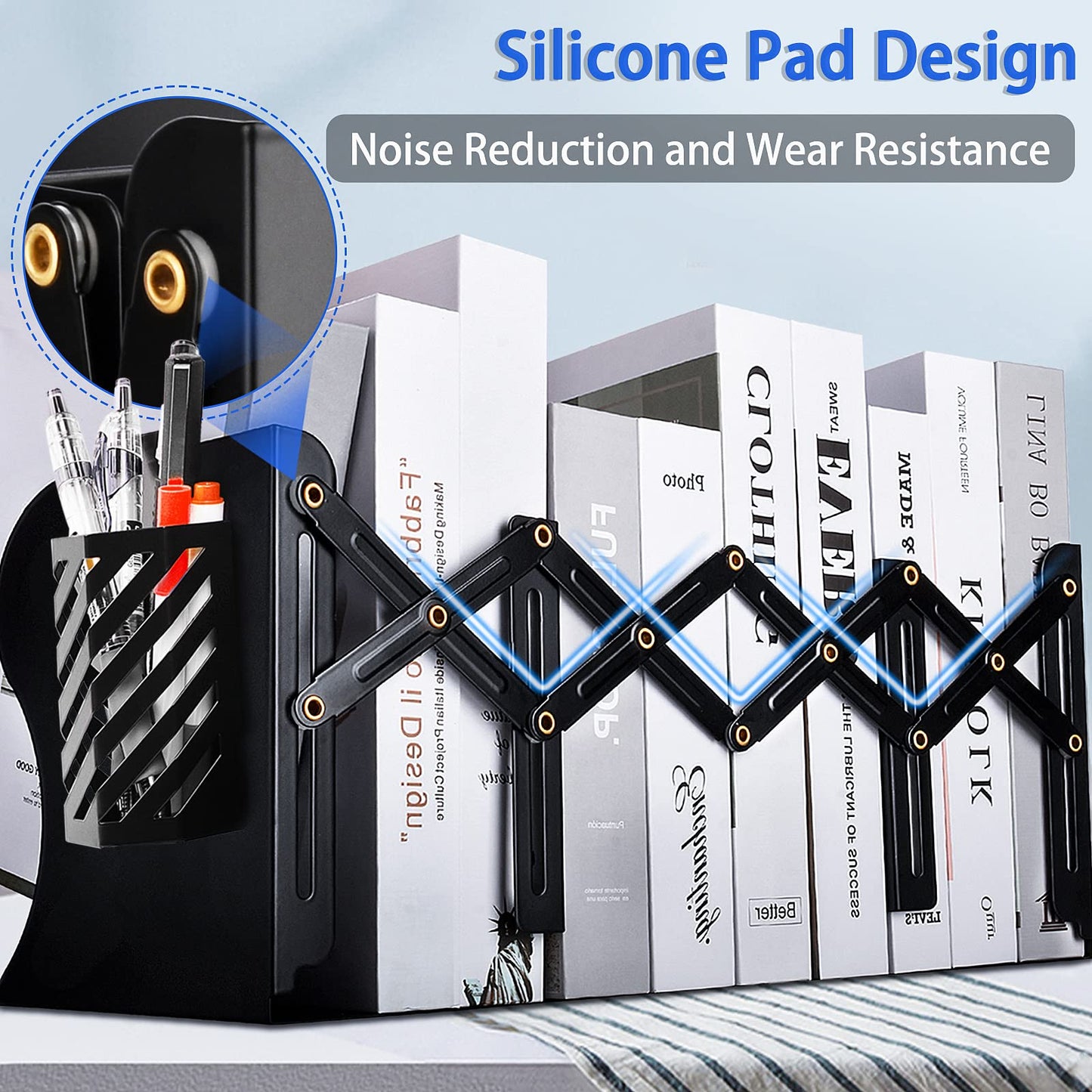 2PCS Heavy Duty Book Ends to Hold Books with Pen Holder, Adjustable Bookends, Metal Book Ends for