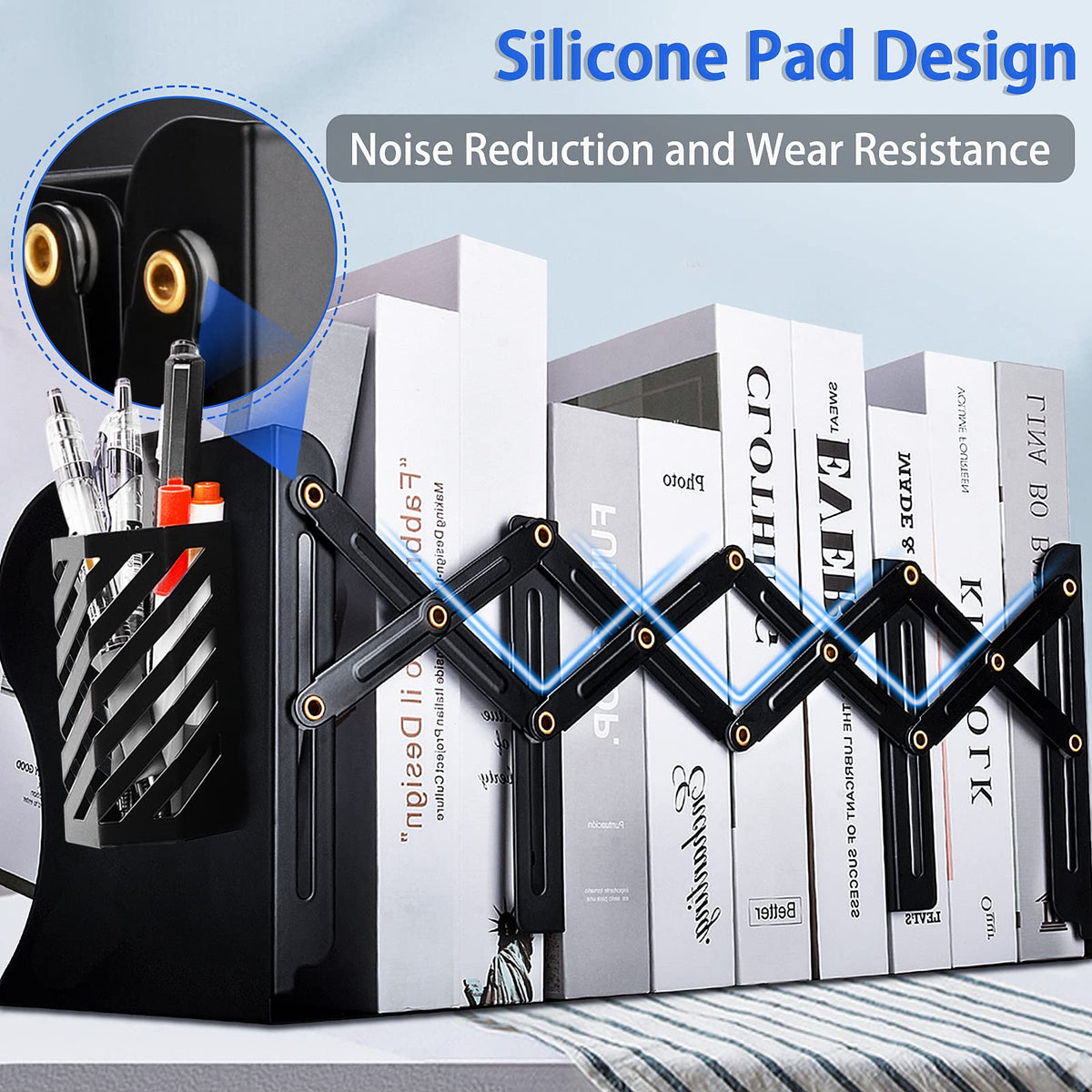 2PCS Heavy Duty Book Ends to Hold Books with Pen Holder, Adjustable Bookends, Metal Book Ends for