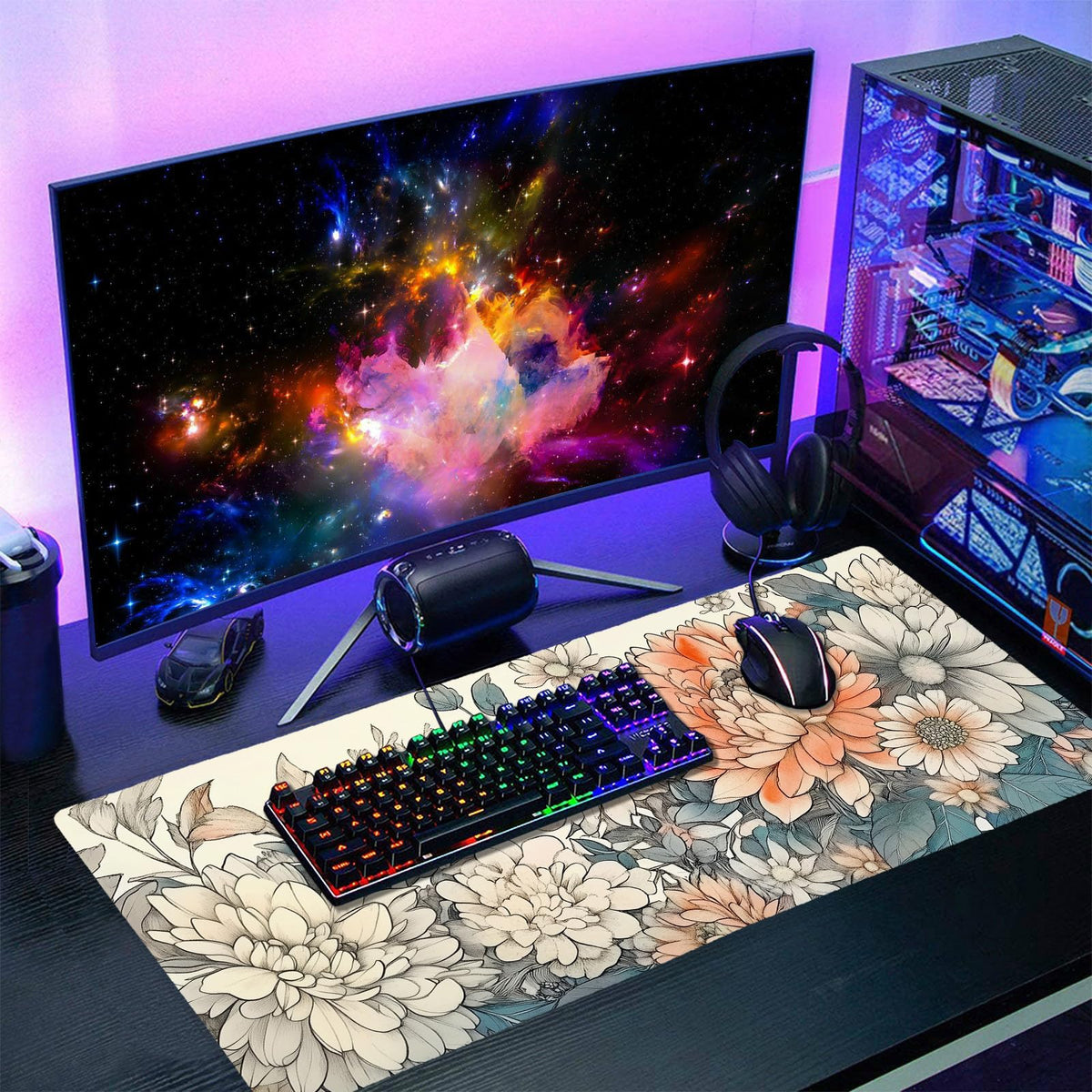 Japanese Aesthetic Floral Gaming Mouse Pad XXL Vintage Orange White Flowers Extended Large Mat