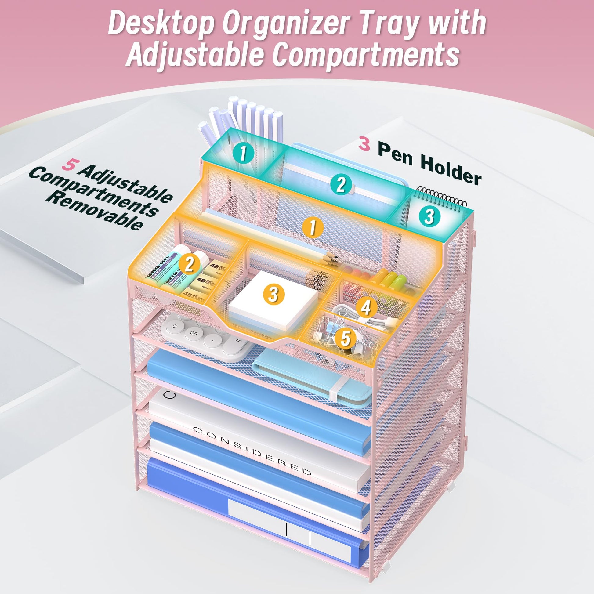 OrgMate 6 Tier Mesh Paper Desk Organizer with Pen Holders, Pink