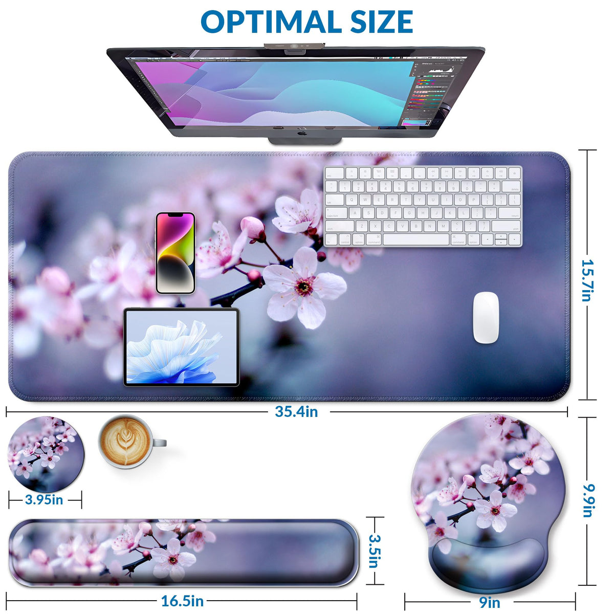 VINEBURY Desk Mat Set Keyboard and Mouse Pad with Wrist Rest Support