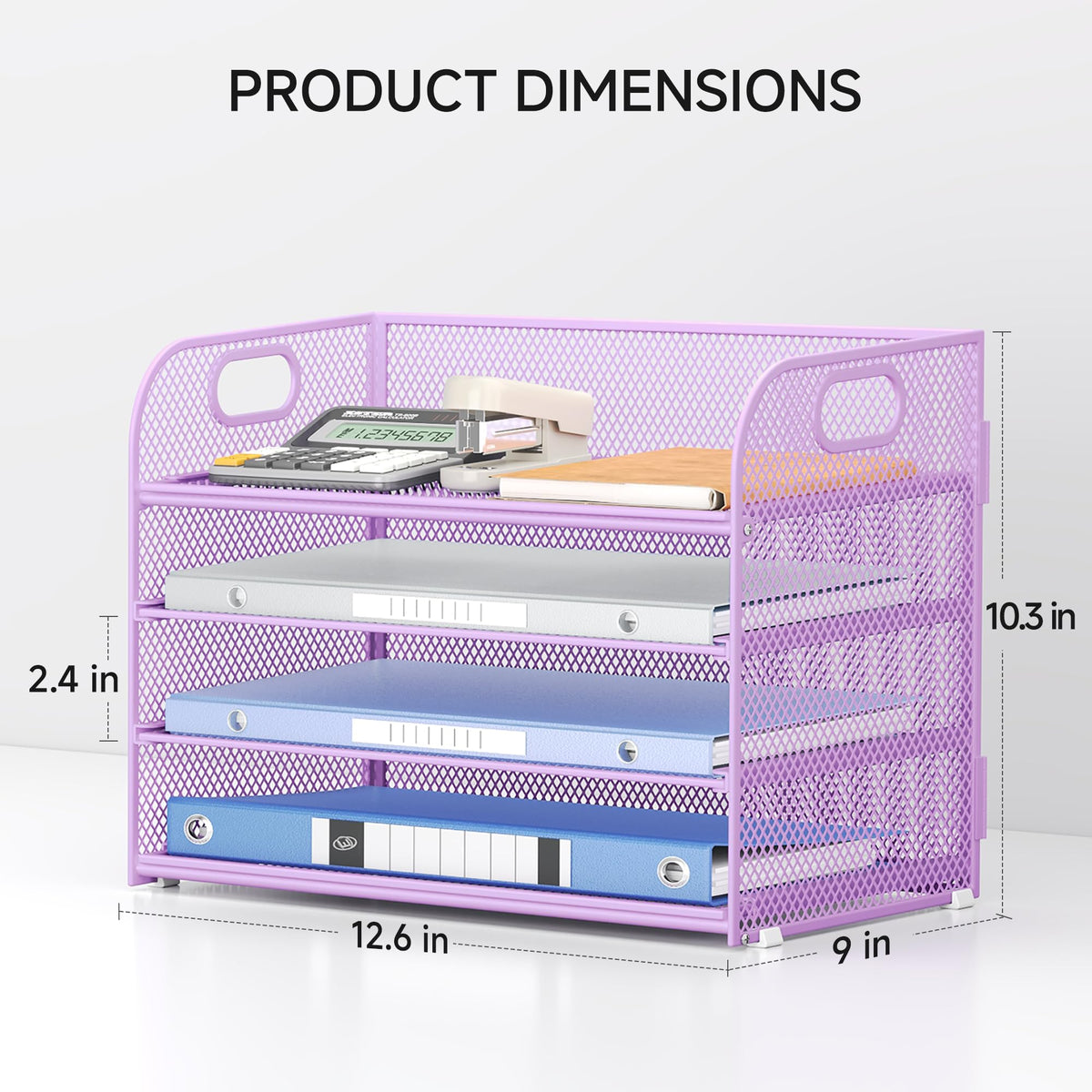 Lavatino 4-Tier Paper Organizer Trays - Purple Mesh File Folder Sorter with Handles, Desk Letter
