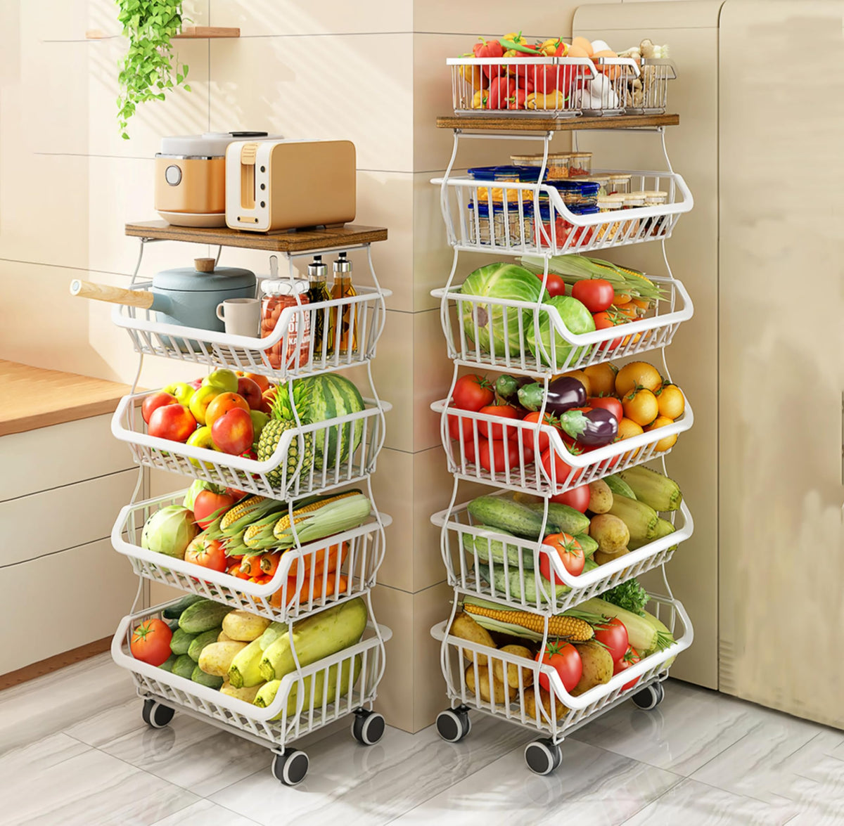 MURRI&MURRDI Fruit Vegetable Storage Basket with Wooden Lid, 6 Tier Stackable Kitchen Cart with